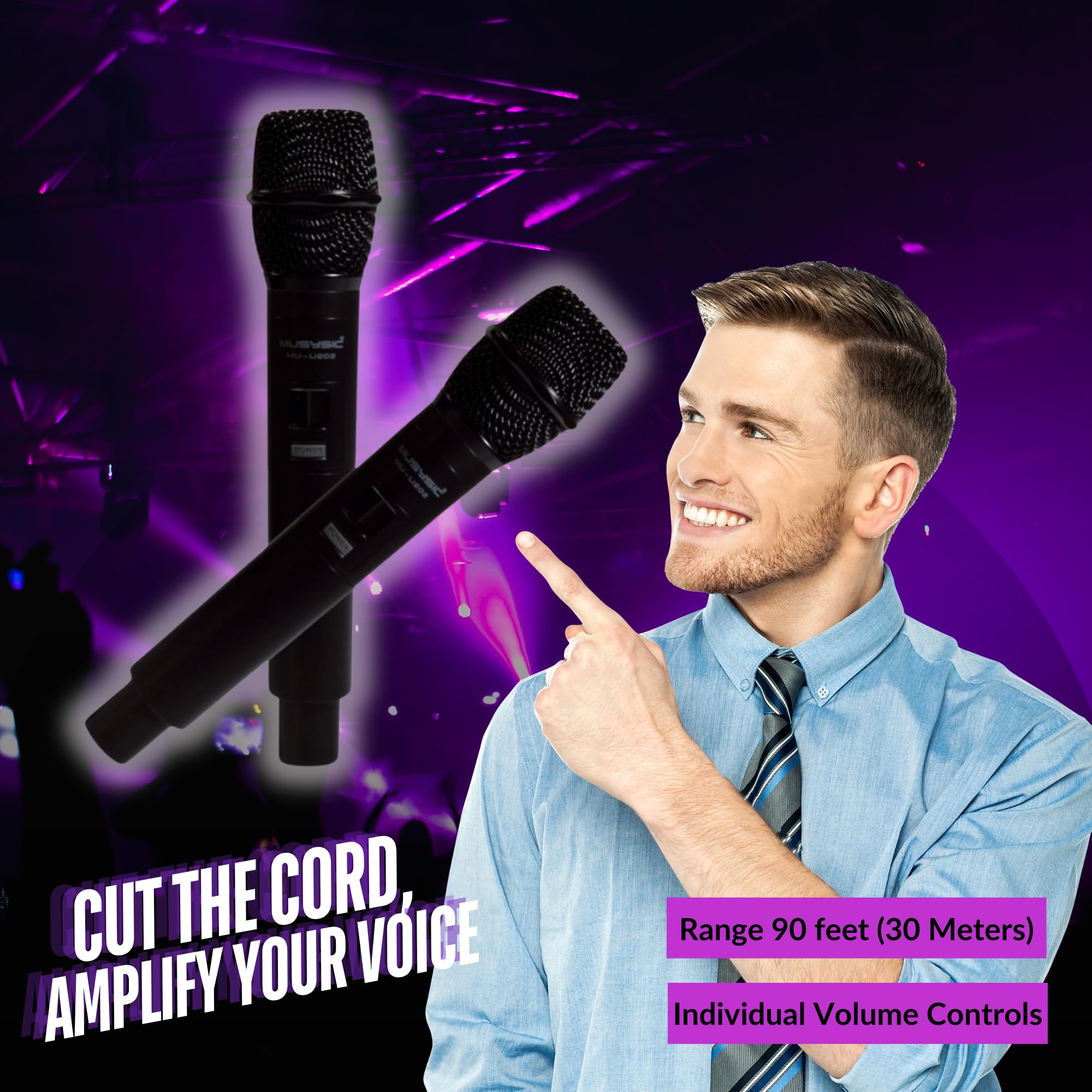 MUSYSIC PA15-MX800 Professional PA System – 8 Channel Audio Mixer with Built-in 4500 W Amplifier 15” Studio Wireless Speakers Bluetooth/USB/SD/FM UHF Wireless Microphone System Stands Pair