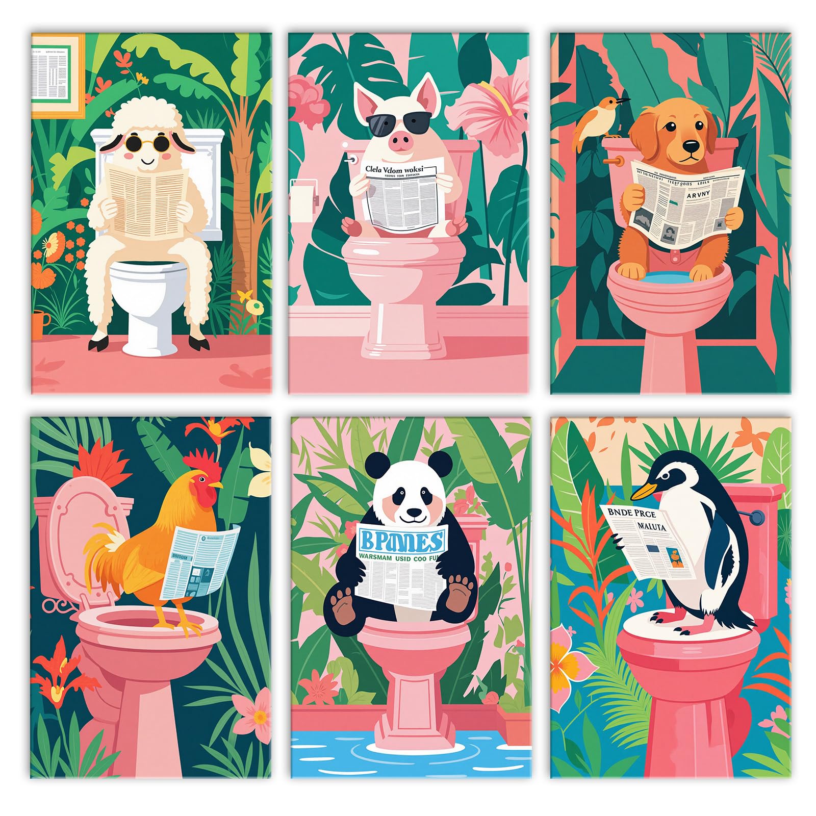 Cute Animals Paint by Numbers Kit for Adults, Penguin Panda Rooster on Toilet 6 Pack Adults' Paint-by-Number Kits for Beginner Acrylic On Canvas Easy DIY Oil Painting Kit for Gift Home Wall Decor
