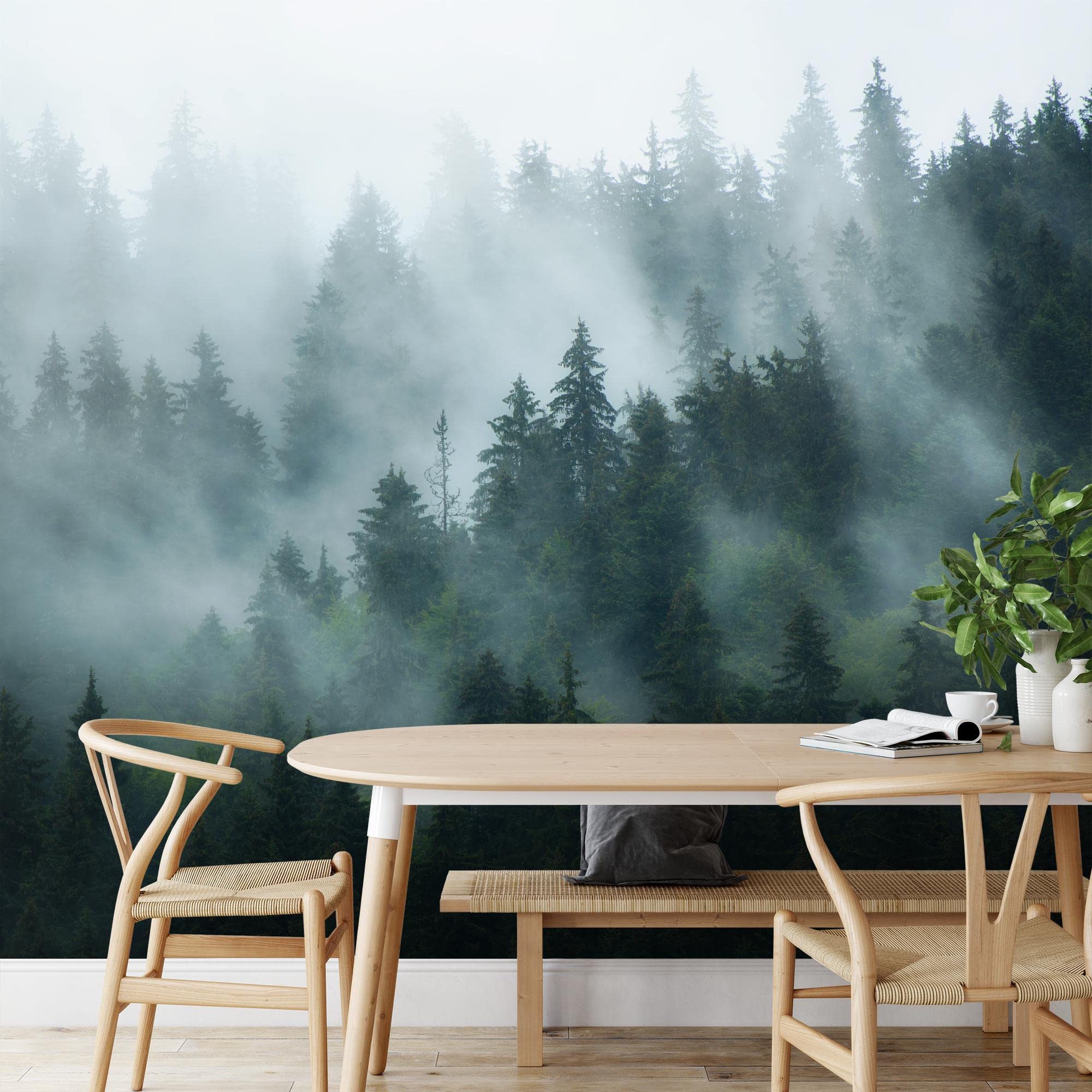 Runa Art Fototapete Wald Nebel 352 x 250 cm Vlies Tapeten XXL Moderne Wandtapete Wohnzimmer Schlafzimmer Grün 9552011a