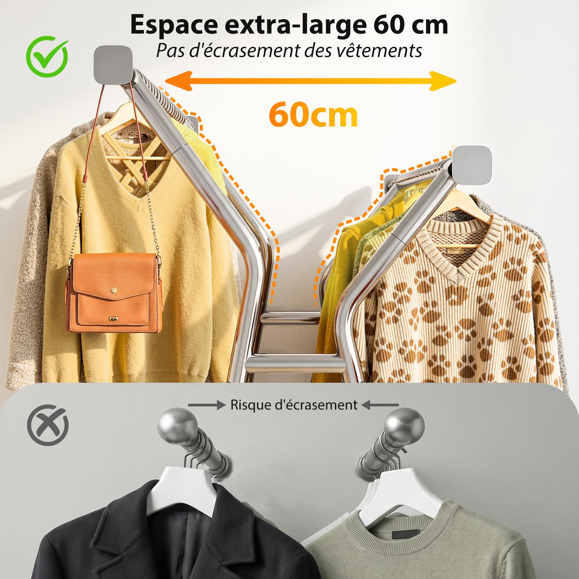 Portant à Vêtements Solide à Roulettes avec Panier, charge 200KG