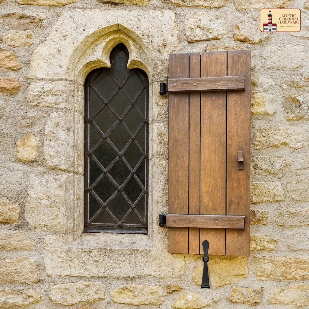 Mystic Colonial Medieval Hand Forged Iron Shutter Dogs Set of 2, 7 Inch Rustic Black Finish Window Shutter Holdbacks with Mounting Hardware