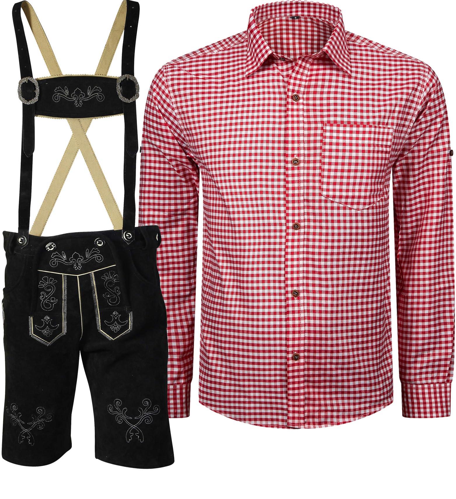 Herren Trachten Set Lederhose mit Trägern + Trachten Hemd Bayerische Oktoberfest (Hose + Hemd) SKR01