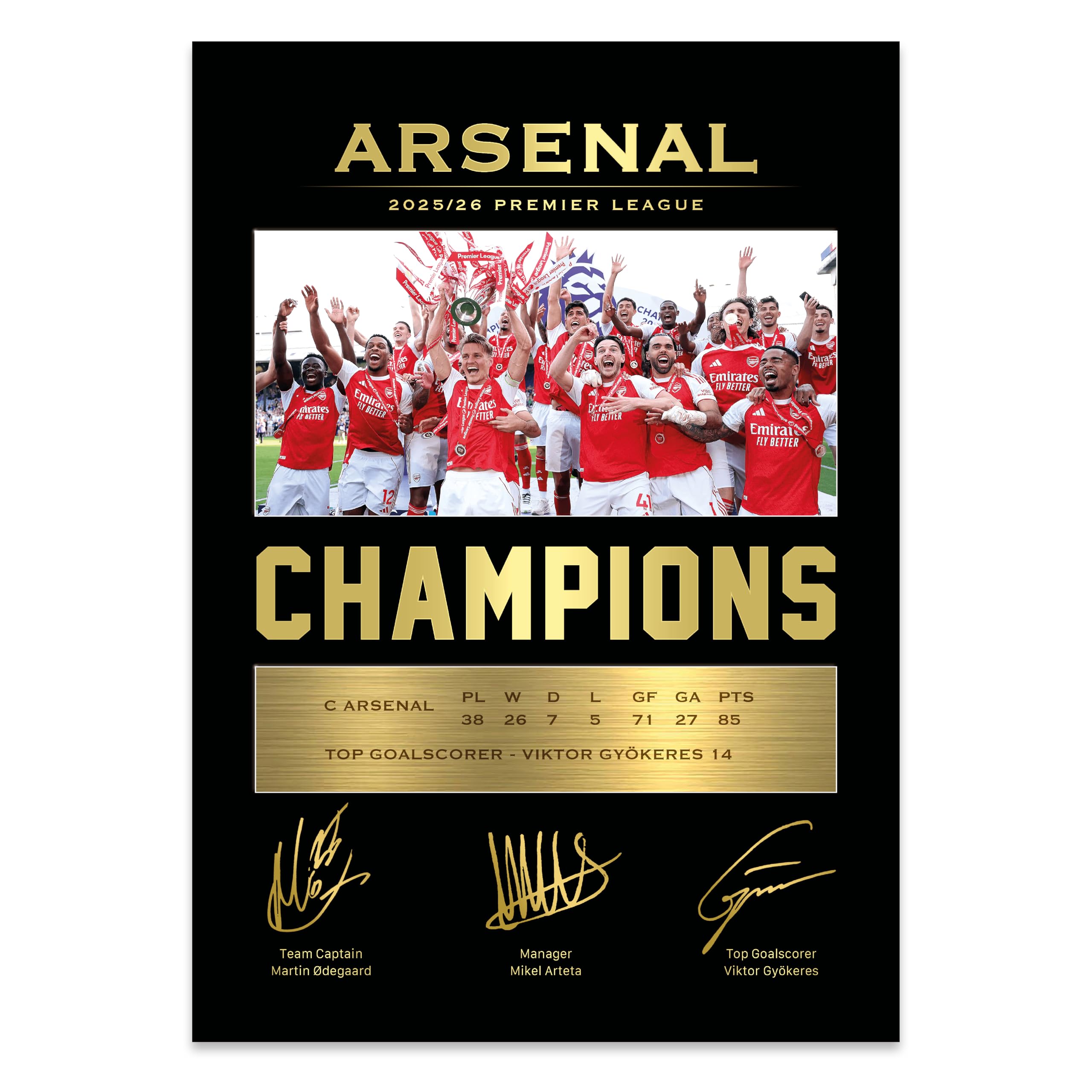 Sporting Moments Black Arsenal Premier League Winners 25/26 Commemorative Print – With Reproduced Player Signatures – A4 Unframed - Arsenal Memorabilia Gift