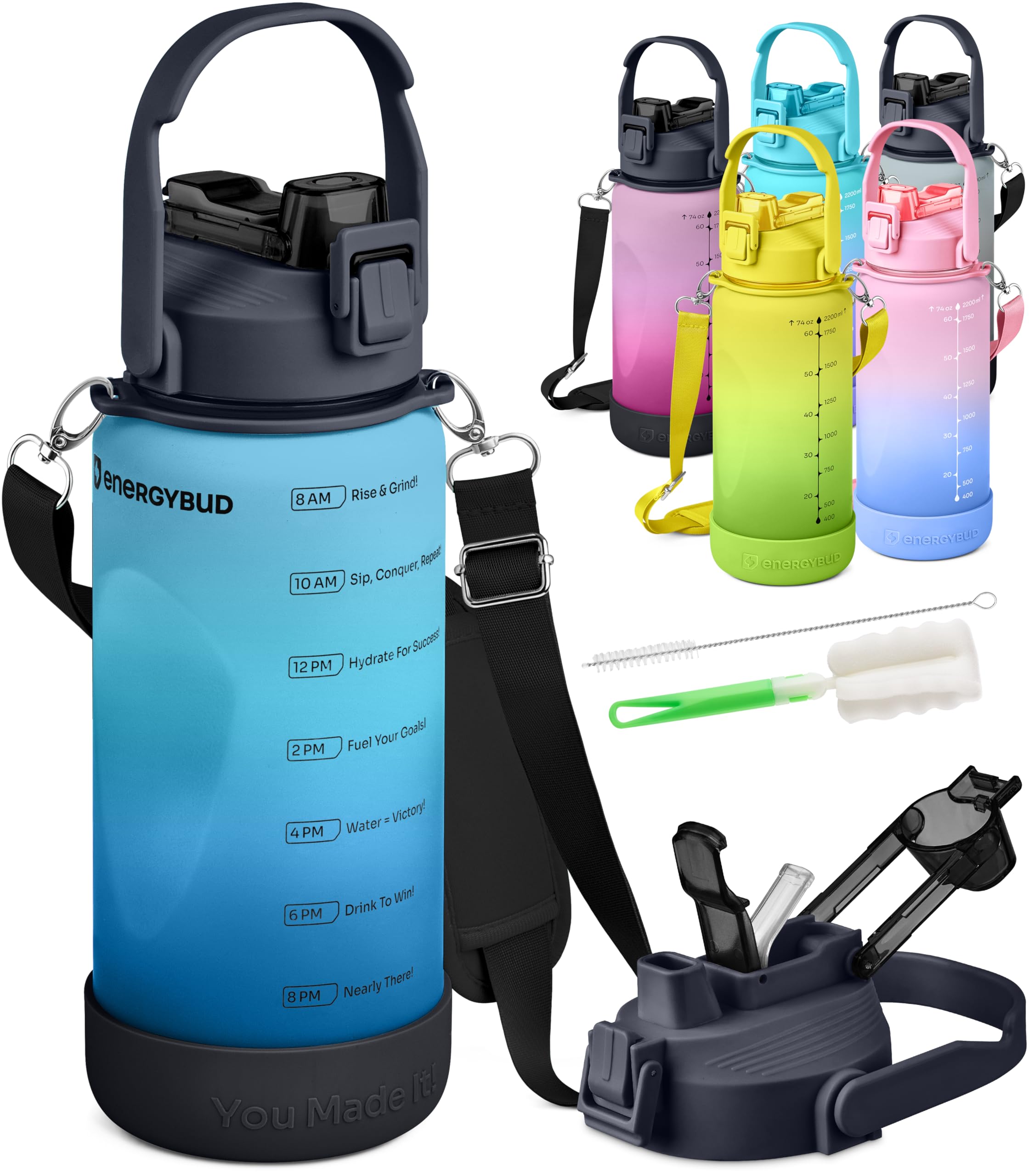 EnergyBud 2.2L Water Bottle | Large Gym Water Bottle For Men & Women With 2 Straws | No BPA, BPS, DEHP | Tritan Material | Dishwasher Safe, Adjustable Strap, Wide Mouth, Silicone Base + 2 Brushes