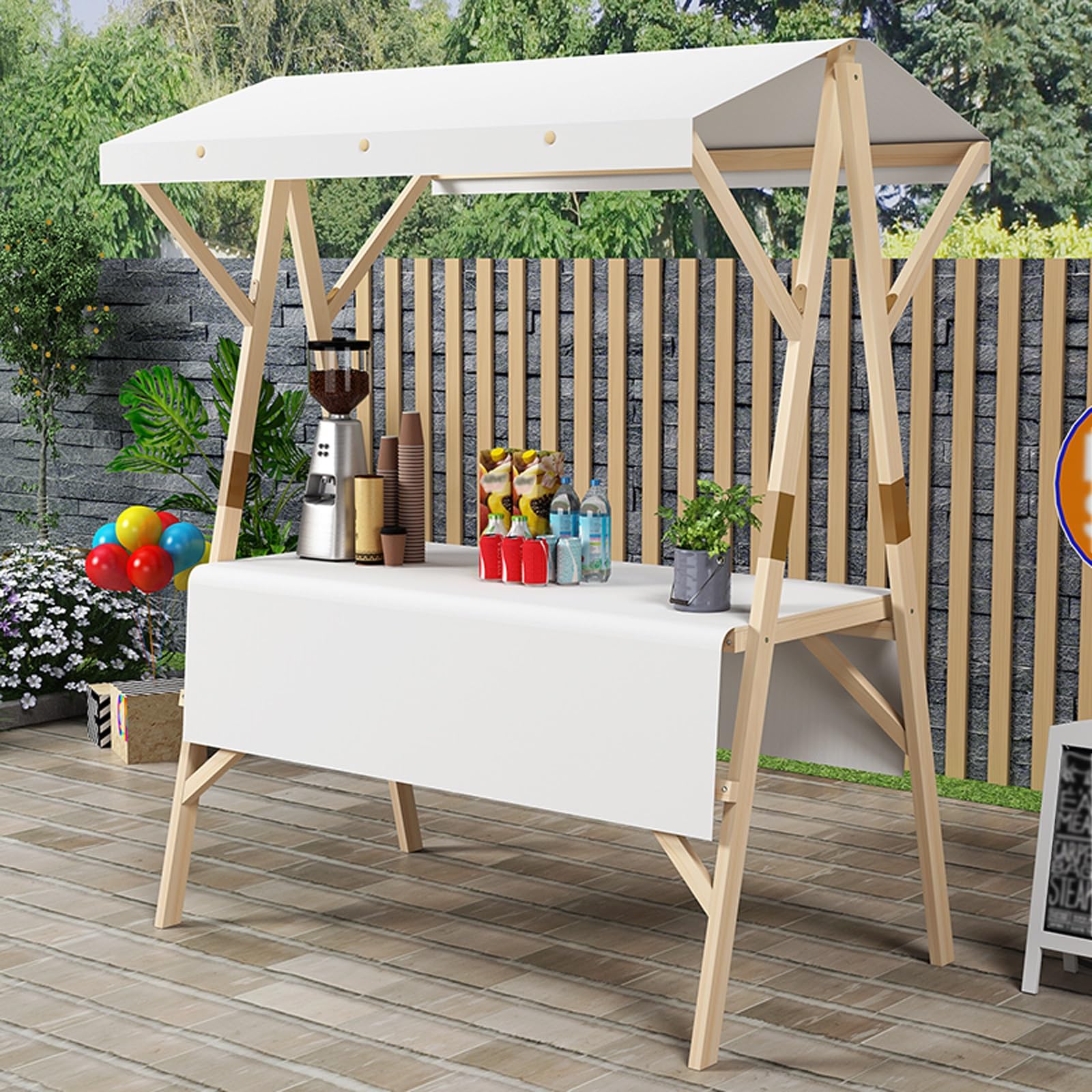 Mobile Marktstand Verkaufsstand, Tragbarer Wagen Mit Gestreiftem Sonnendach, Verkaufsstände Mit LED-Beleuchtung Für Märkte, Streetfood(White,150cm/59in)