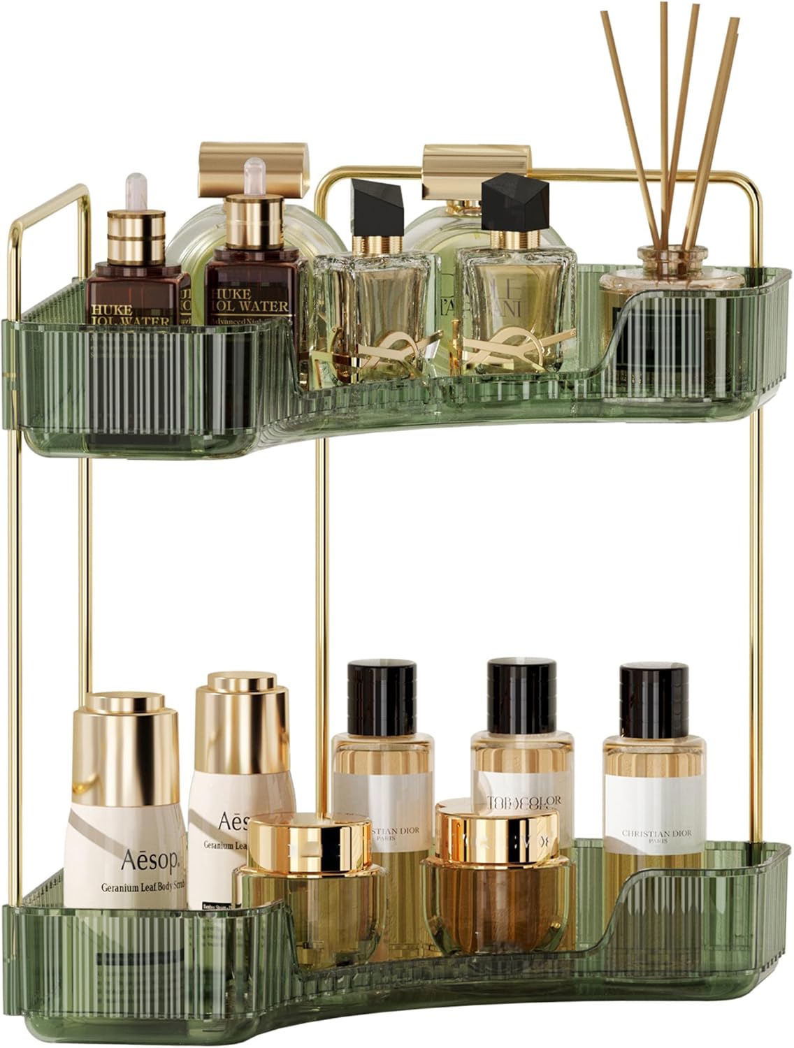 YCIA&DONE Corner Counter Bathroom Organizer Countertop, 2 Tiers Cosmetic Perfume Tray, Vanity Organizer for Makeup, Skincare, Clear Corner Rack for Bedroom, Bathroom, Kitchen(Vintage Green)