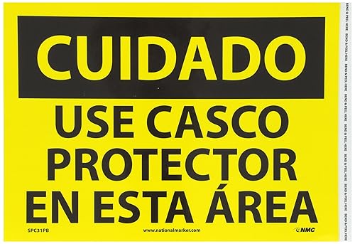 NMC spc31pb OSHA señal, Leyenda "CuidadoEl uso de casco protector en esta zona", 14" longitud x 10" de altura, vinilo, sensibles a la presión Negro