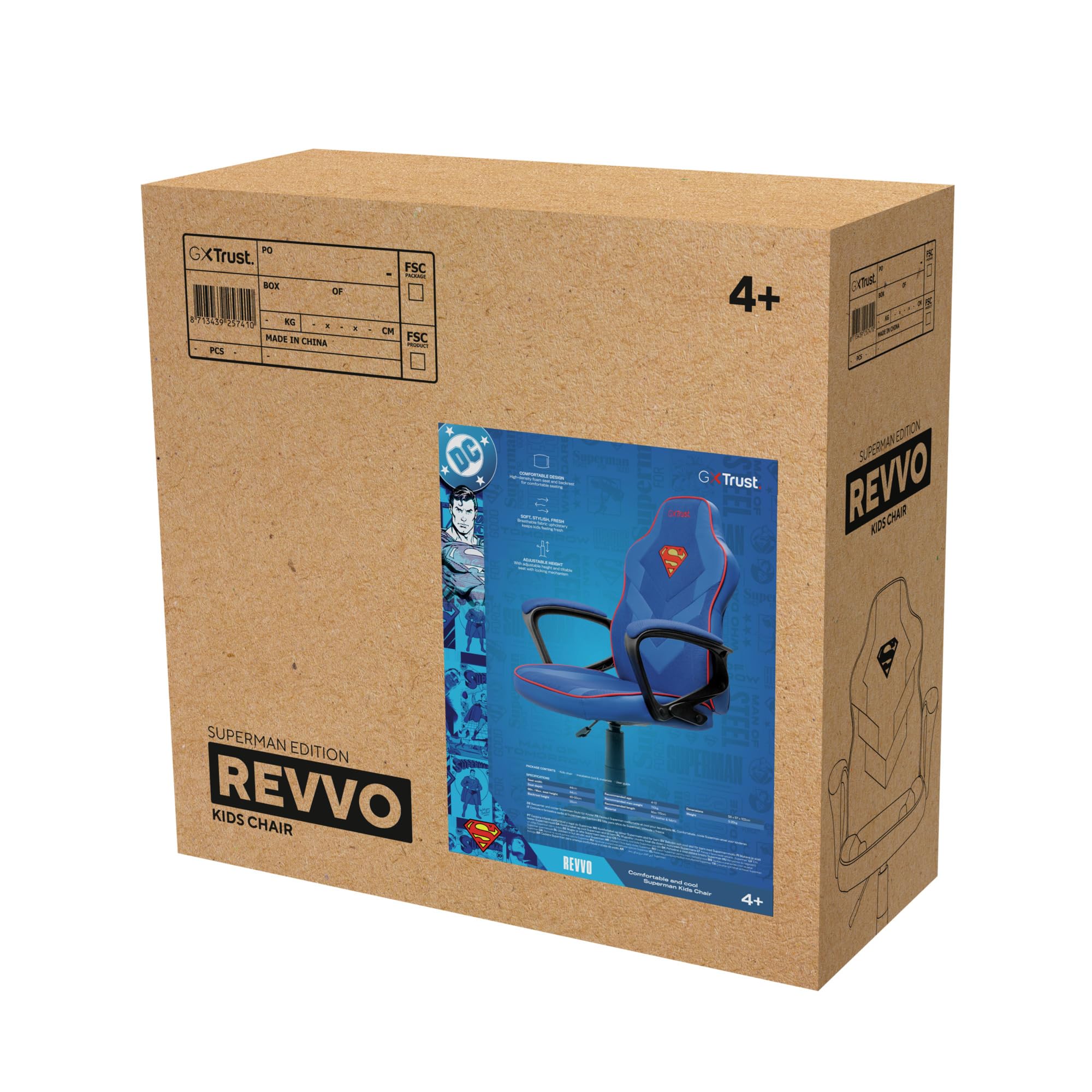 GXTrust 703SM Revvo Sedia Gaming con Licenza Superman per Bambini 4-12 Anni, Sedia da Gaming in Tessuto Regolabile in Altezza, Bracciolo Imbottito, Console di Gioco Supereroe Videogiochi, Blu