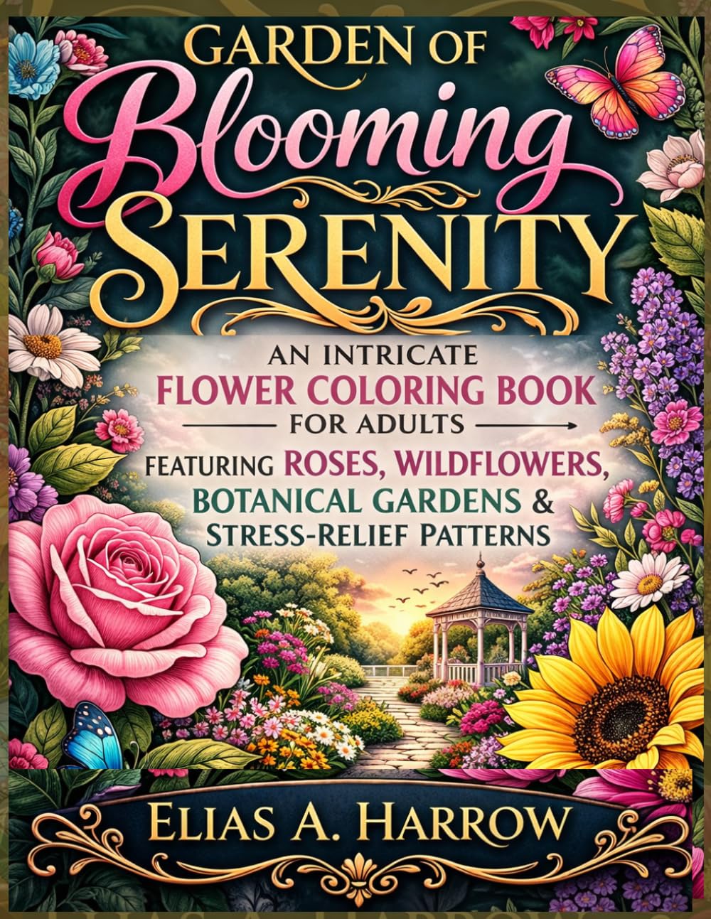 Garden of Blooming Serenity: An Intricate Flower Coloring Book for Adults Featuring Roses, Wildflowers, Botanical Gardens & Stress-Relief Patterns