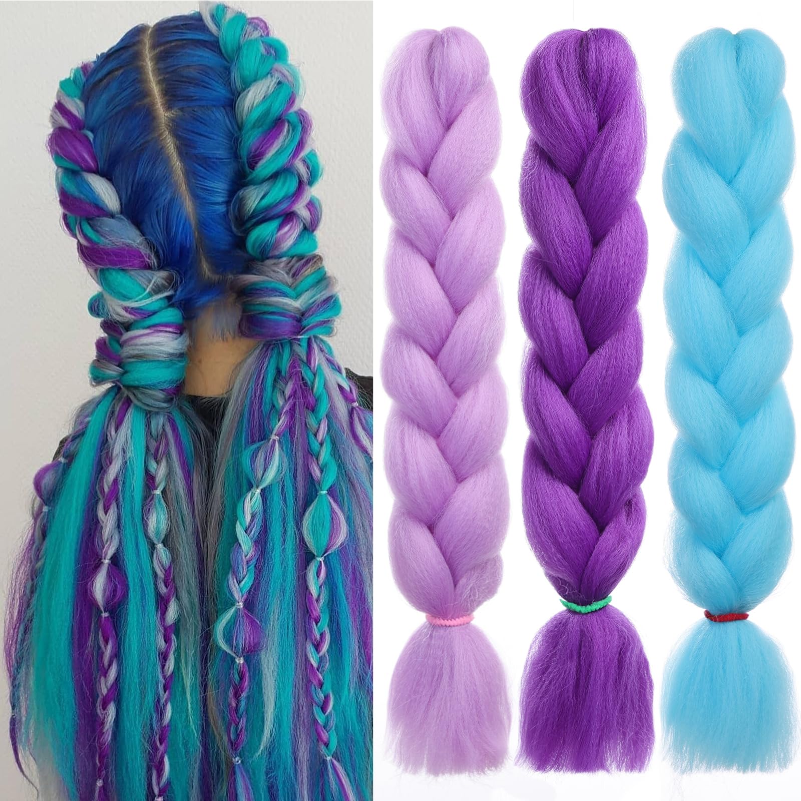 EMMOR Jumbo Braiding Hair Extensions 24 Inch High Temperature Synthetic Fiber 3 pcs Pre-Stretched Box Braids Braiding Hair Twist Crochet Braids Kanekalon(Light Purple/Deep Purple/Blue)