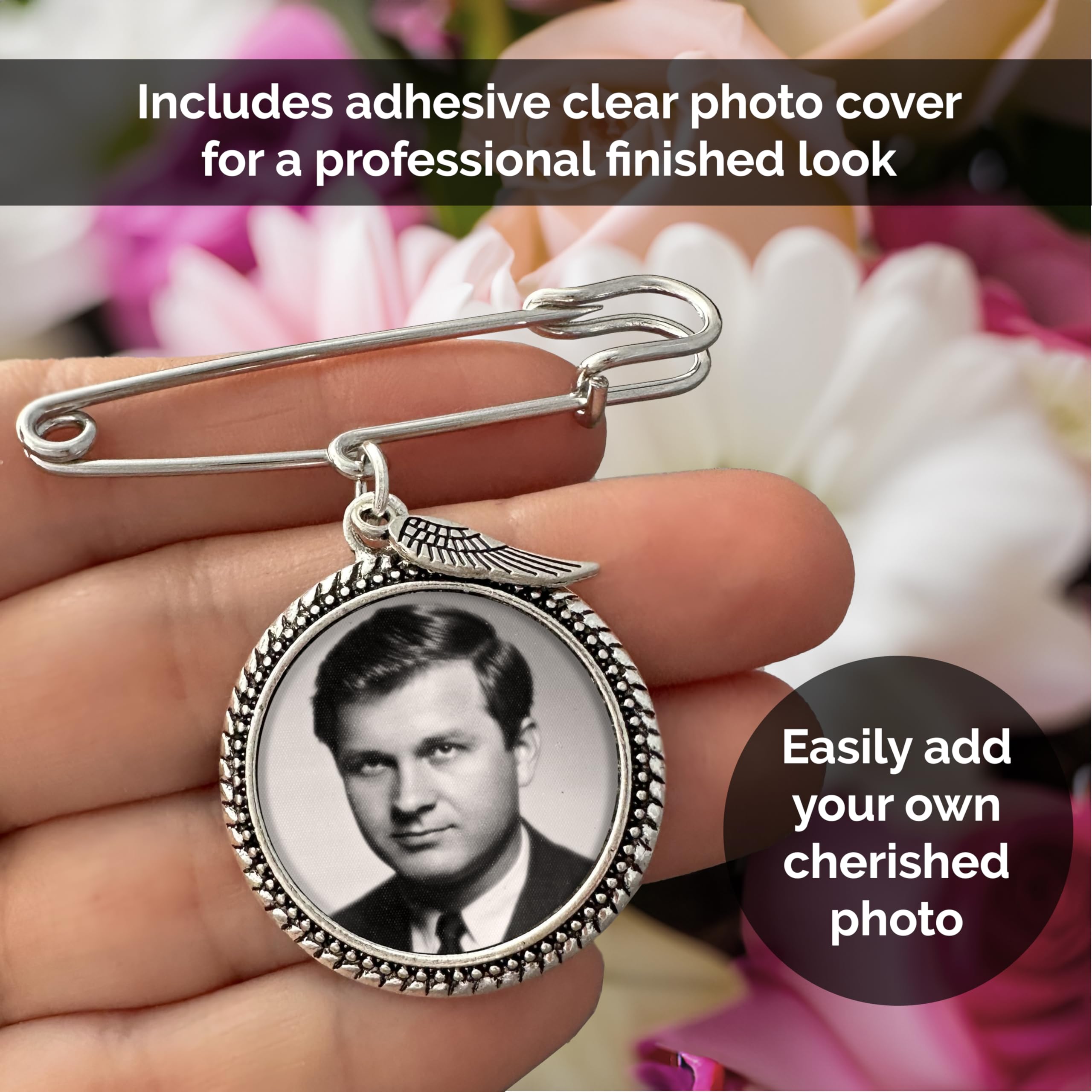 Wedding Boutonniere Bouquet Charm Pin Angel Wing Photo Charm Mother of The Bride Groom with Photo Resizing Software