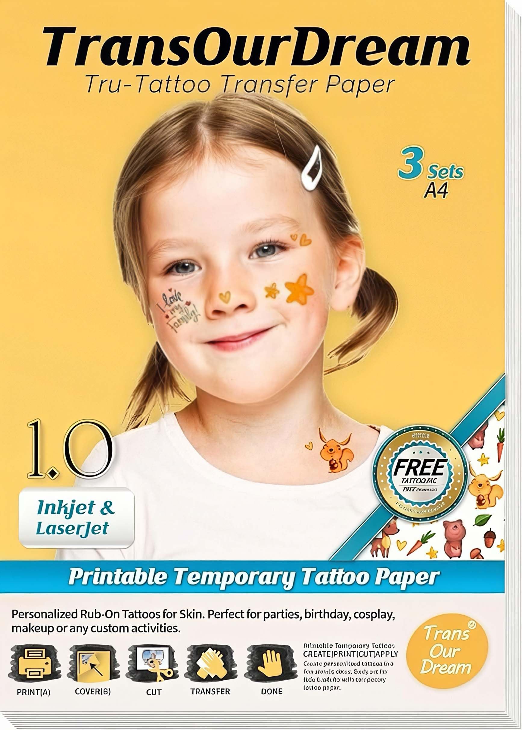 transourdream clear printable temporary tattoo transfer paper (3 sets of a4 size) temporary tattoo stickers papers for skin