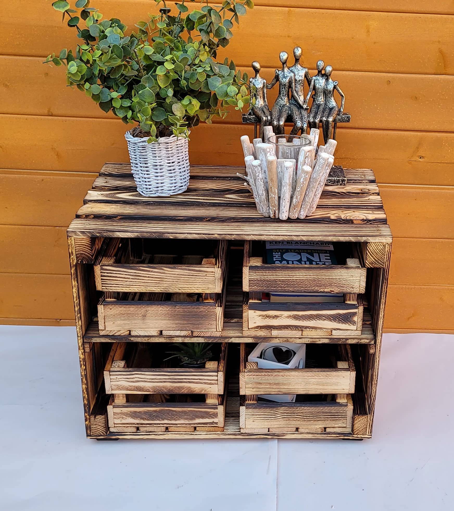 Solid Wooden Crate with Internal Long Shelf and 4 Containers in Burnt Effect