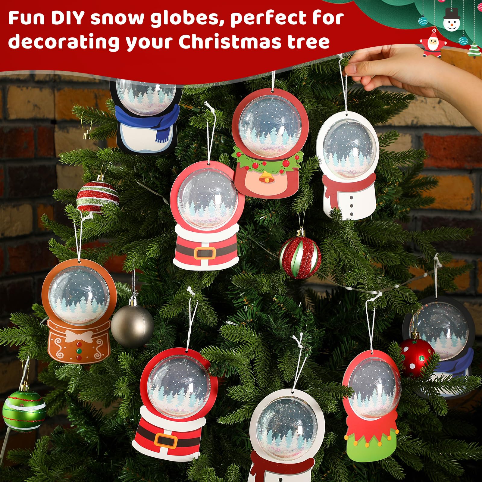 Threehoney Paquete de 24 globos de nieve de Navidad para niños, adorno colgante de globo de nieve 3D para árbol de Navidad con lentejuelas brillantes, papel de media bola 3D y tarjetas (colorido)