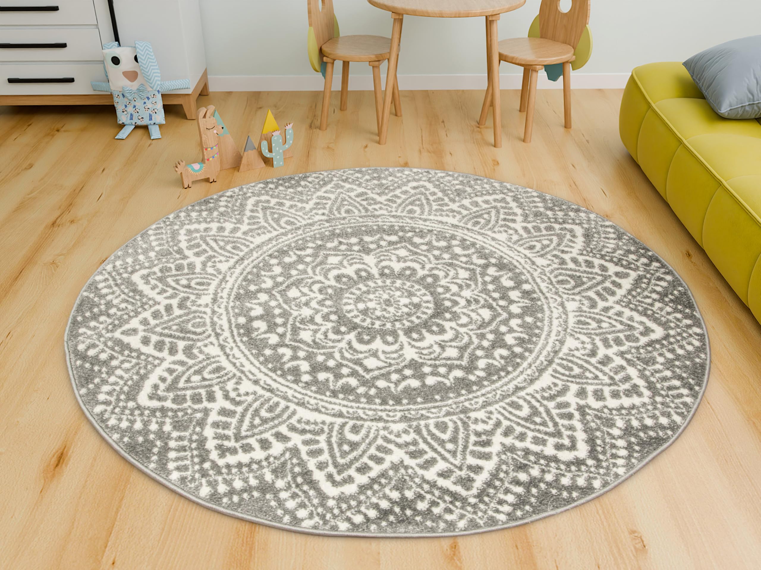 Teppich Runder Muster Mandala Boho 140cm Weiß Grau, moderne Teppiche Wohnzimmer kurzflor, Teppiche Area Gegend, Tepich Schlafzimmer,Bedroom Rug