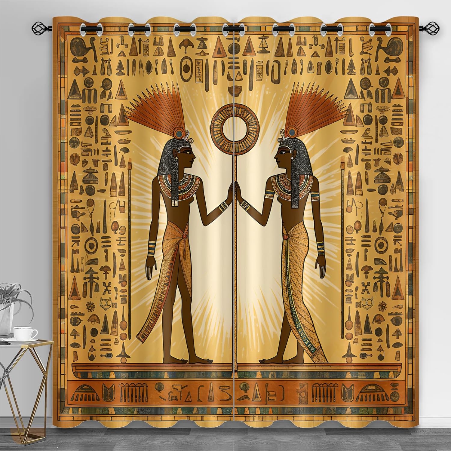 Ancient Egyptian Hieroglyphics Window Treatment Set, Gold Curtains with Pharaoh Figures and Grommet Top