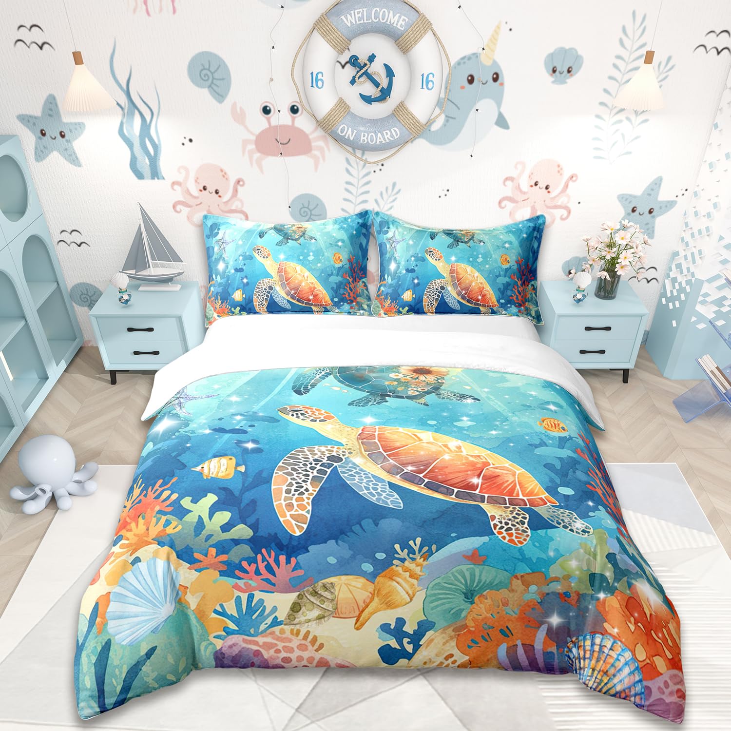 Homemissing Meeresschildkröte Bettbezug Set Ozean Blau Baumwolle Bettwäsche Set 135x200cm für Jungen Mädchen Teilbereich Küste Betten Set Atmungsaktiv Sommer Urlaub Bettdeckenbezug Dekor Tier