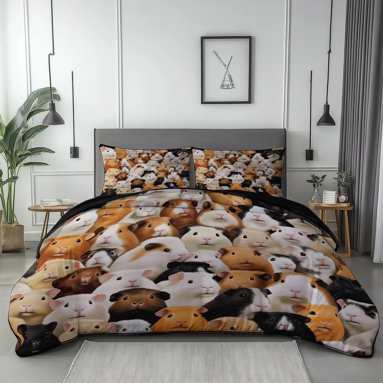 Poszwa na kołdrę ze zwierzęciem świnka morska wzór 240x260 cm Dwustronny zestaw pościeli z nadrukiem z 2 poszewkami na poduszki Czarny Zestaw pościeli z mikrofibry na 4 pory roku