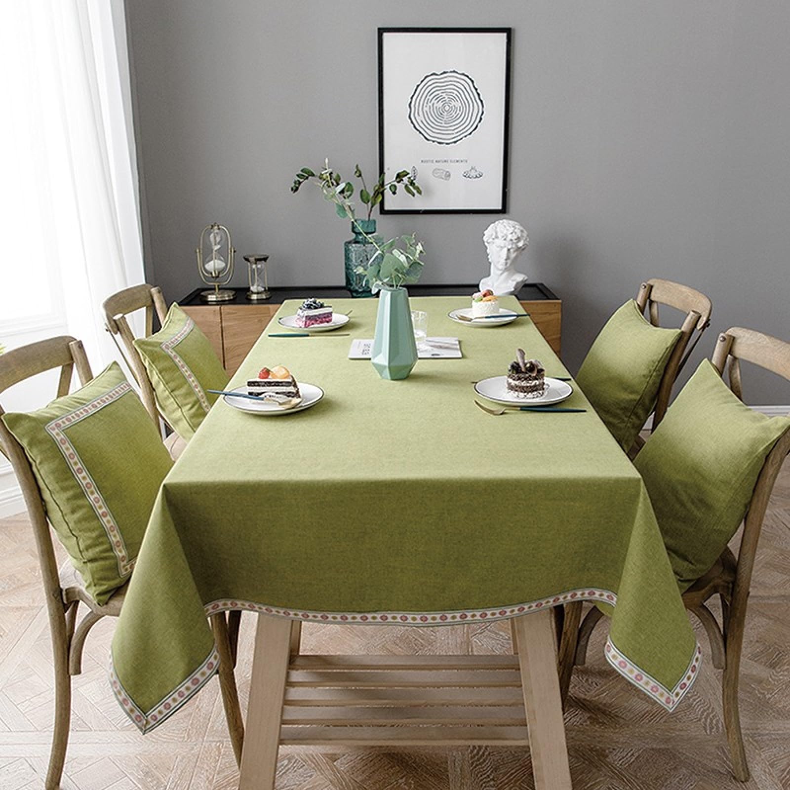 Nappe rectangulaire antitache en coton et lin vert 140x220 cm