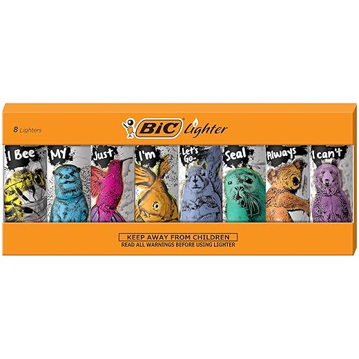 BIC Maxi Pocket Lighter, Special Edition Party Animal Collection, Assorted Unique Lighter Designs, 8 Count Pack of Lighters