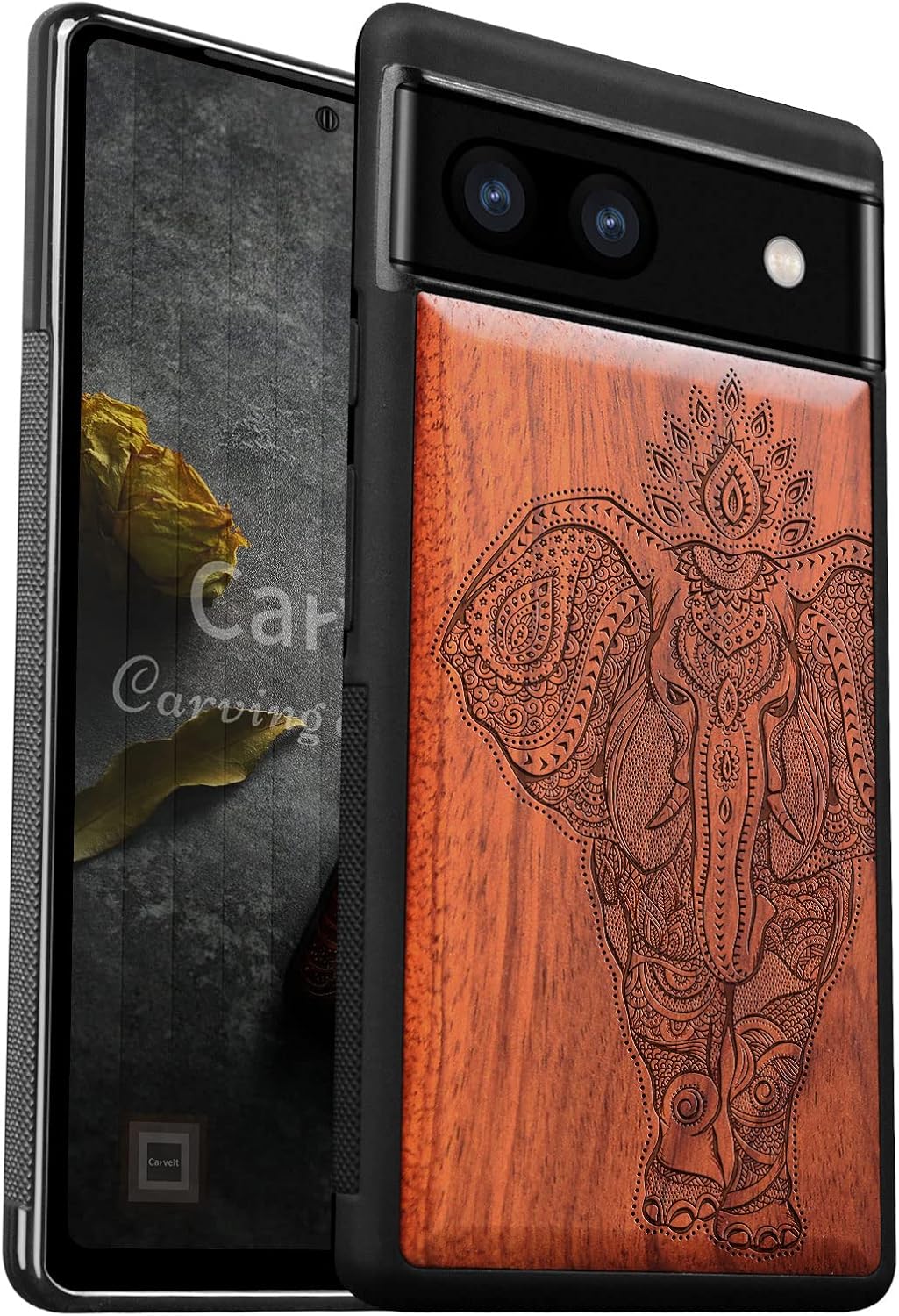 Carveit Wood Case for Pixel 6a Case [Natural Wood & Black Soft TPU] Shockproof Protective Wooden Cover Compatible with Google Pixel 6a (Indian Lotus Elephant-Rosy)