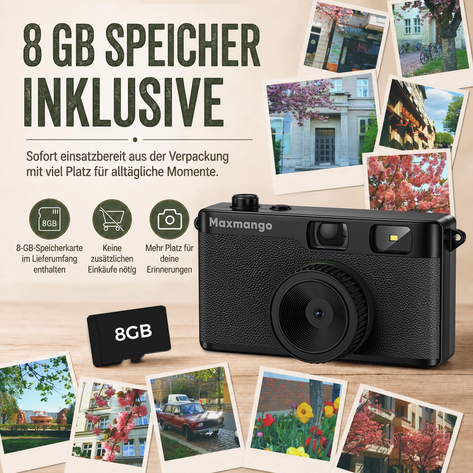 Maxmango D53 Retro Digitalkamera ohne Bildschirm, Einwegkamera-Ersatz, USB-C, 8GB SD-Karte, Schwarz