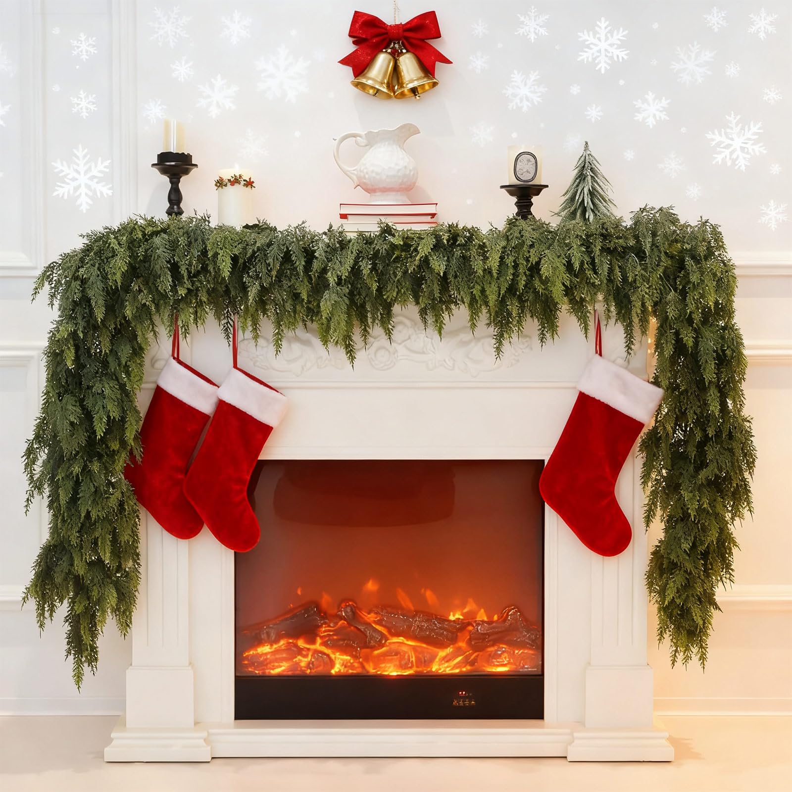 6 FT Real Touch Cedar Garland, Green Artificial Christmas Garland, Thickned Realistic Greenery Pine Garland for Holiday Fireplace Mantle Window Indoor Outdoor Decor