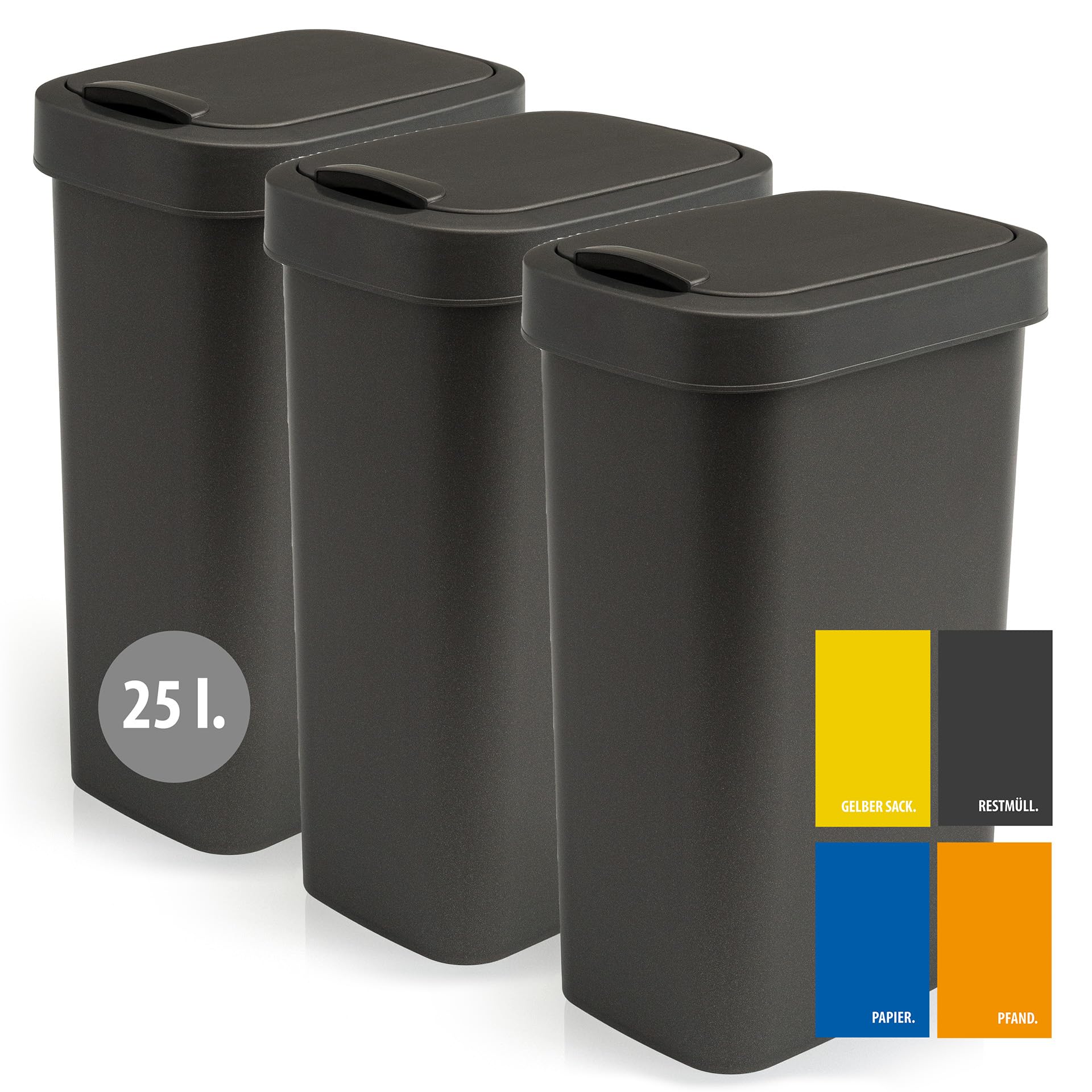 Hausfelder Mülleimer, 3er Set, 3x25, Schwarz | 3er Set, 3x25, für Küche, mit Deckel, Mülleimer, schwarz, Abfalleimer