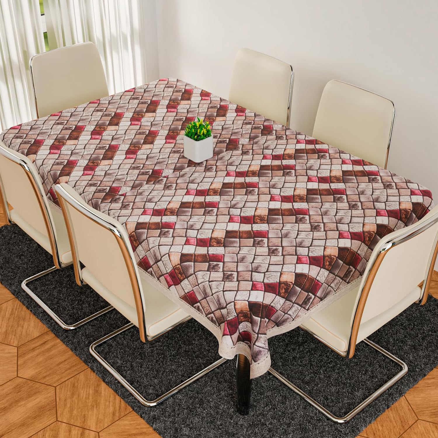 Kuber Industries Dining Table Cover with Lace|Table Cover 6 Seater|Checks Design|Jute Table Cloth 90x60 (Multi)