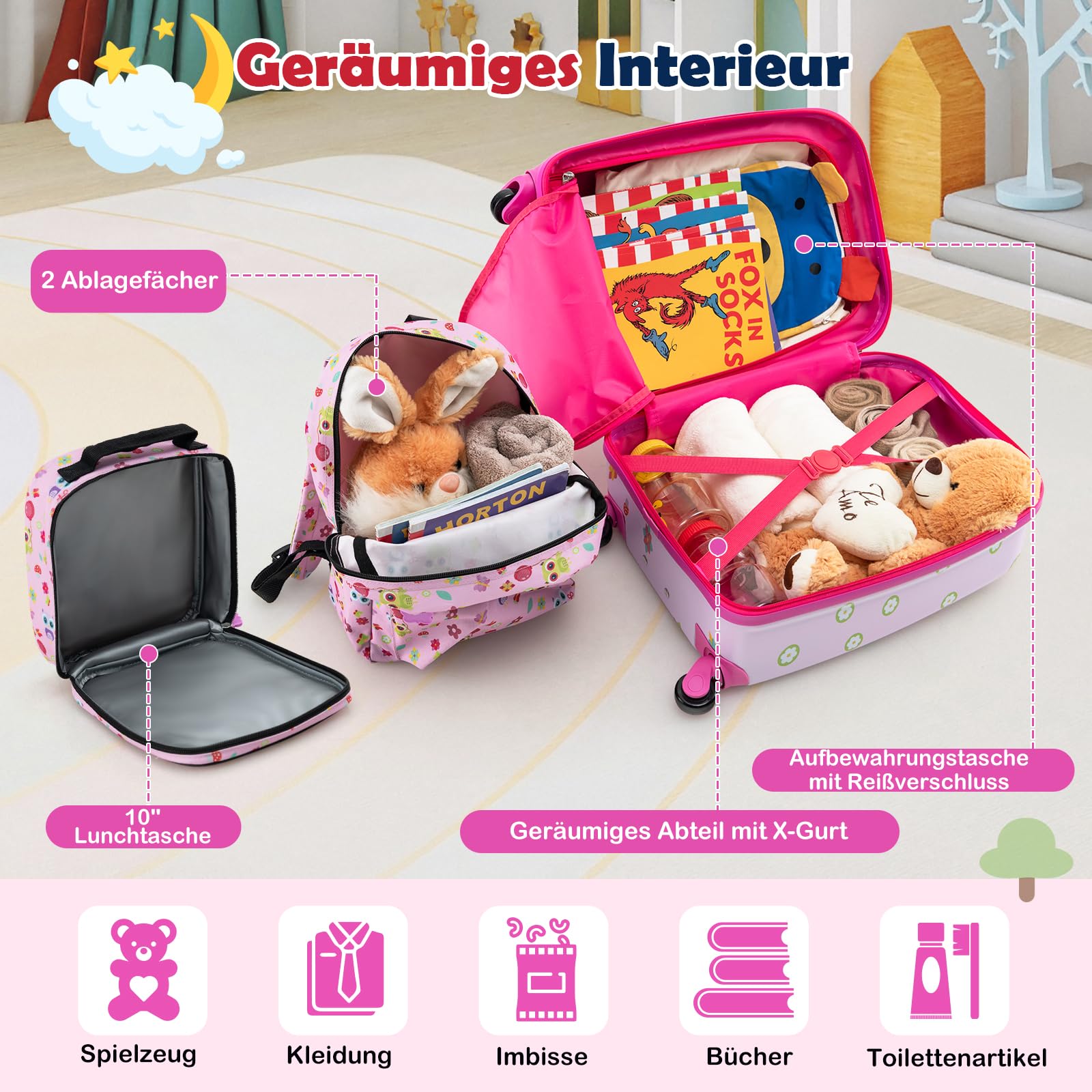 DREAMADE 5tlg Kinderkoffer Set, Kinder Reisekoffer mit Rucksack, Nackenkissen, Lunchtasche & Kofferanhänger, Reisetrolley mit Rollen für Kinder ab 3 Jahren, 30 x 23 x 46cm (Pink-Eule)