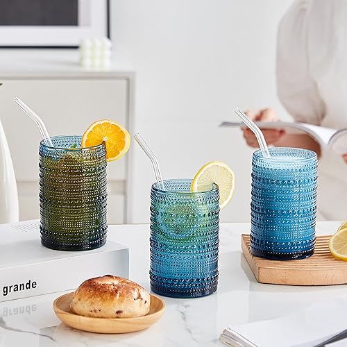Miniatura 7 de Juego de 12 vasos vintage con textura de hobnail de 15 onzas, vasos de barra azul en relieve para cócteles, cerveza, whisky, vasos altos aptos para