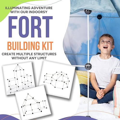 Miniatura 7 de INDOORSY Kit de construcción de fuerte que brilla en la oscuridad, kit de 100 piezas para niños de 4 a 8 años, bolsa de almacenamiento, luces y caja