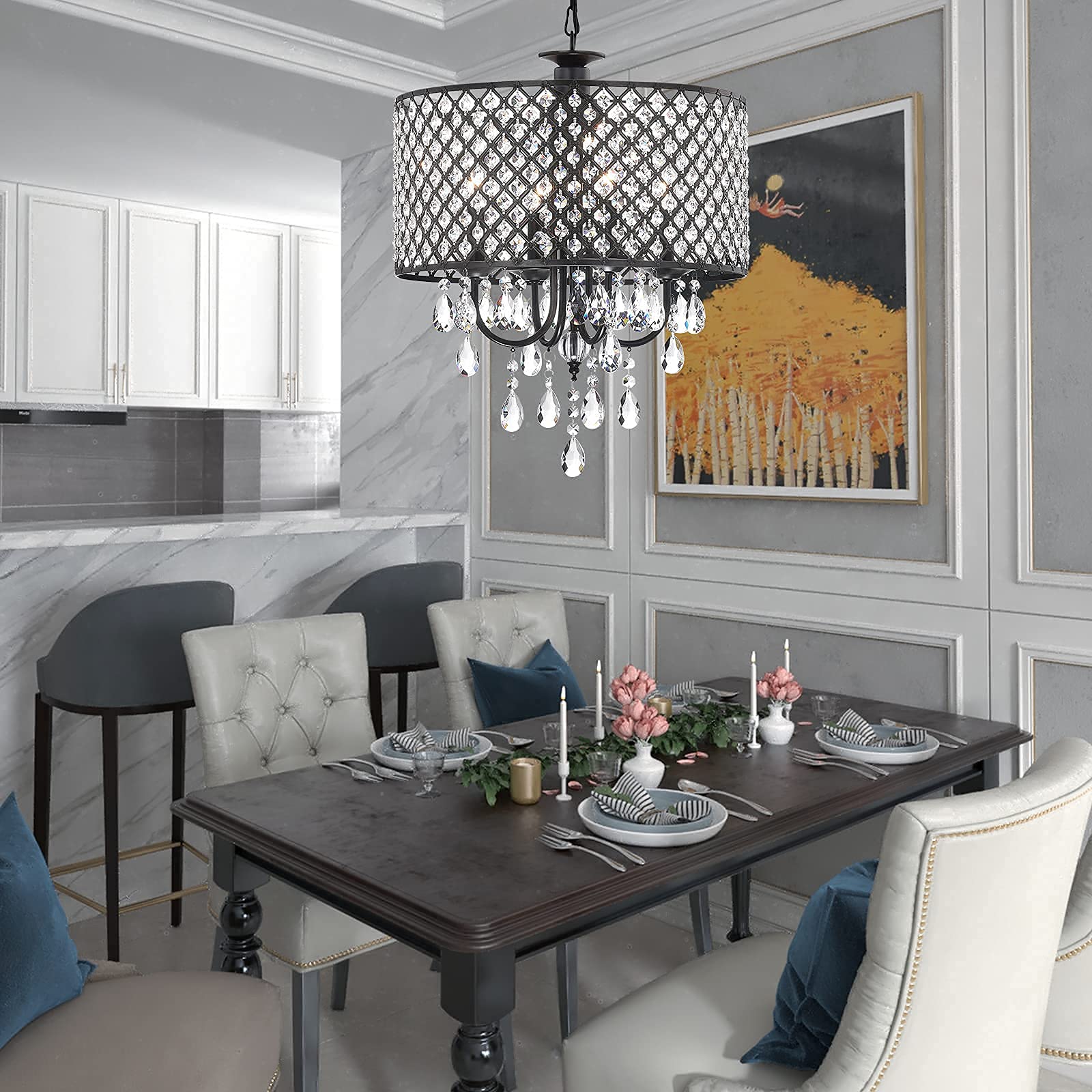 Maxax4 Lights Crystal Chandelier, Modern Adjustable Ceiling Light with Round Beaded Drum Shade, Pendant Hanging Lighting, E12 Base, for Living Room Dining Room Bedroom, Antique Black