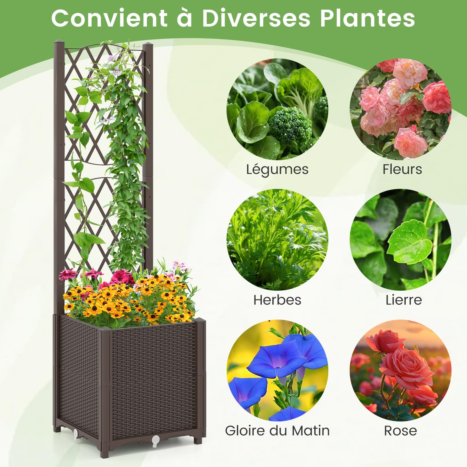 COSTWAY Jardinière avec Treillis sur Pied, Bac de Plantation Auto-arrosage en Rotin PP avec Trou de Drainage, Lit de Jardin pour Plantes Grimpantes, Légumes, Fleurs, Café, 40 x 40 x 140 cm