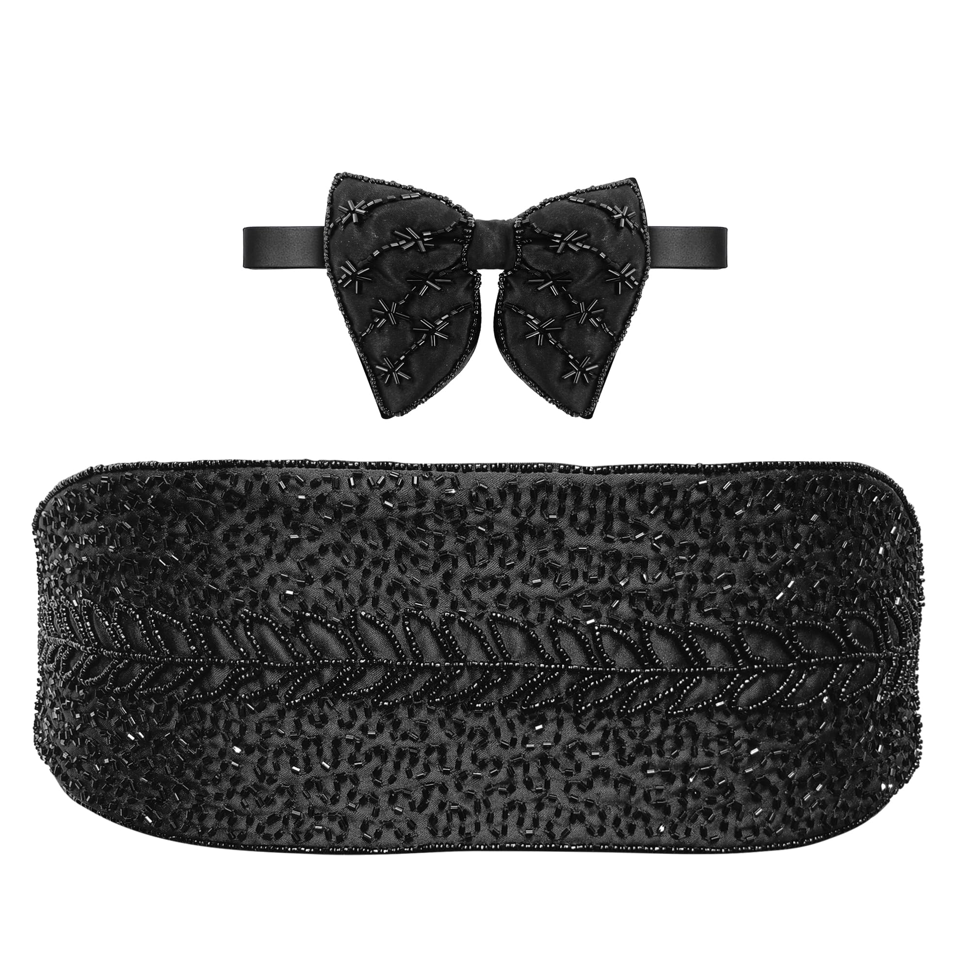 kingson Hand Beaded Satin Cummerbund and Bow Tie Set, Black Formal Tuxedo Accessories, Adjustable Waist-picture-30