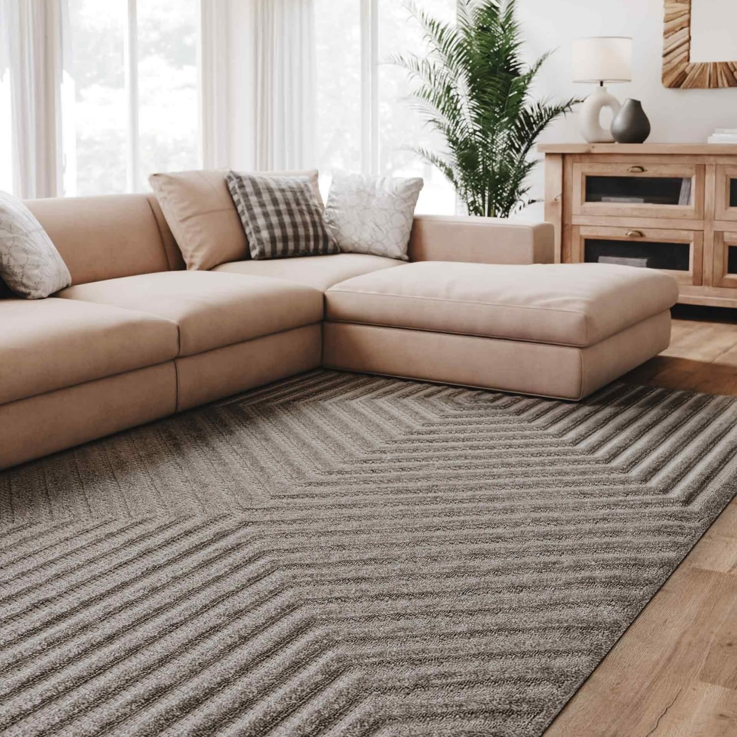 Interiyou Tappeto salotto pelo corto Lecce - 120x170 cm Grigio Chiaro - Stile boho scandinavo con effetto 3D alto-basso - Piatto con motivo geometrico
