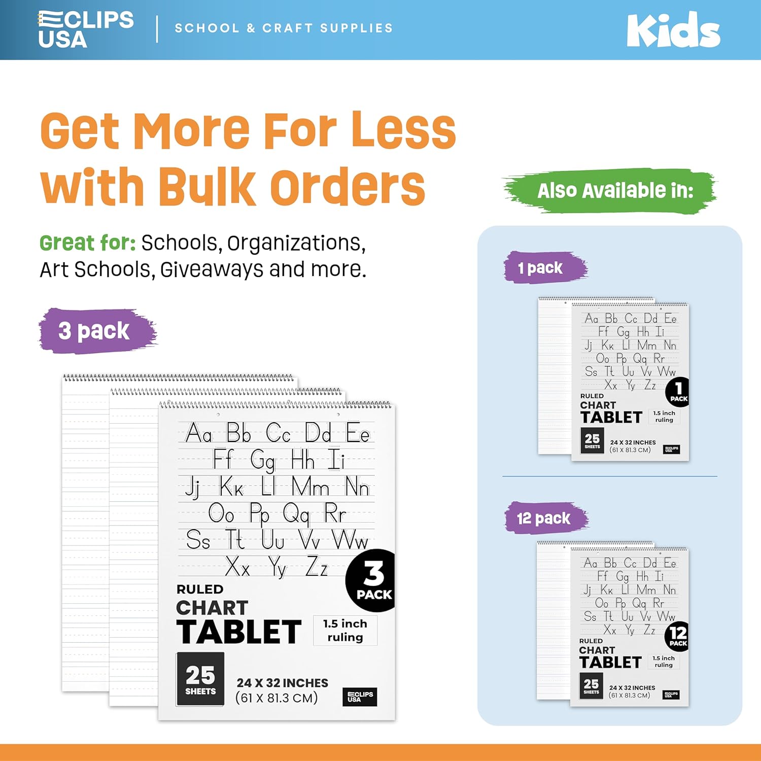 E-CLIPS USA Chart Paper Anchor Chart Paper For Teachers Lined Large Chart Tablet 24x32 1 ½” Ruled 25 sheets Per Pad (3 Pack)
