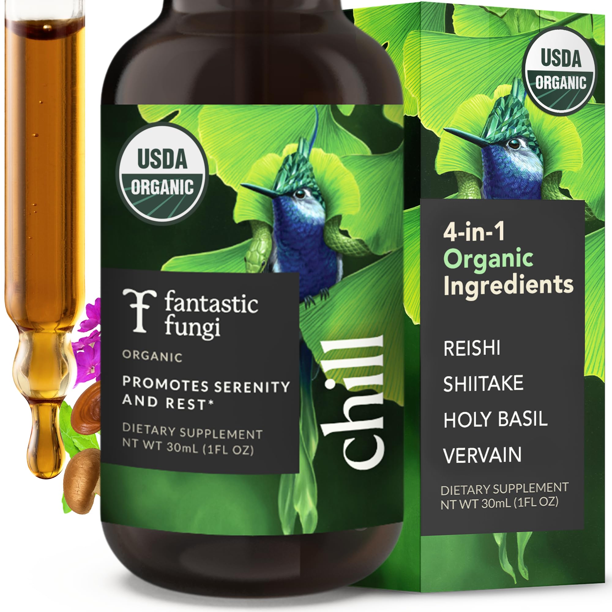 Fantastic Fungi Reishi Mushroom Extract Drops - Chill Elixir Mushroom Tincture with Holy Basil, Shiitake & Vervain - 4-in-1 Organic Mood Support