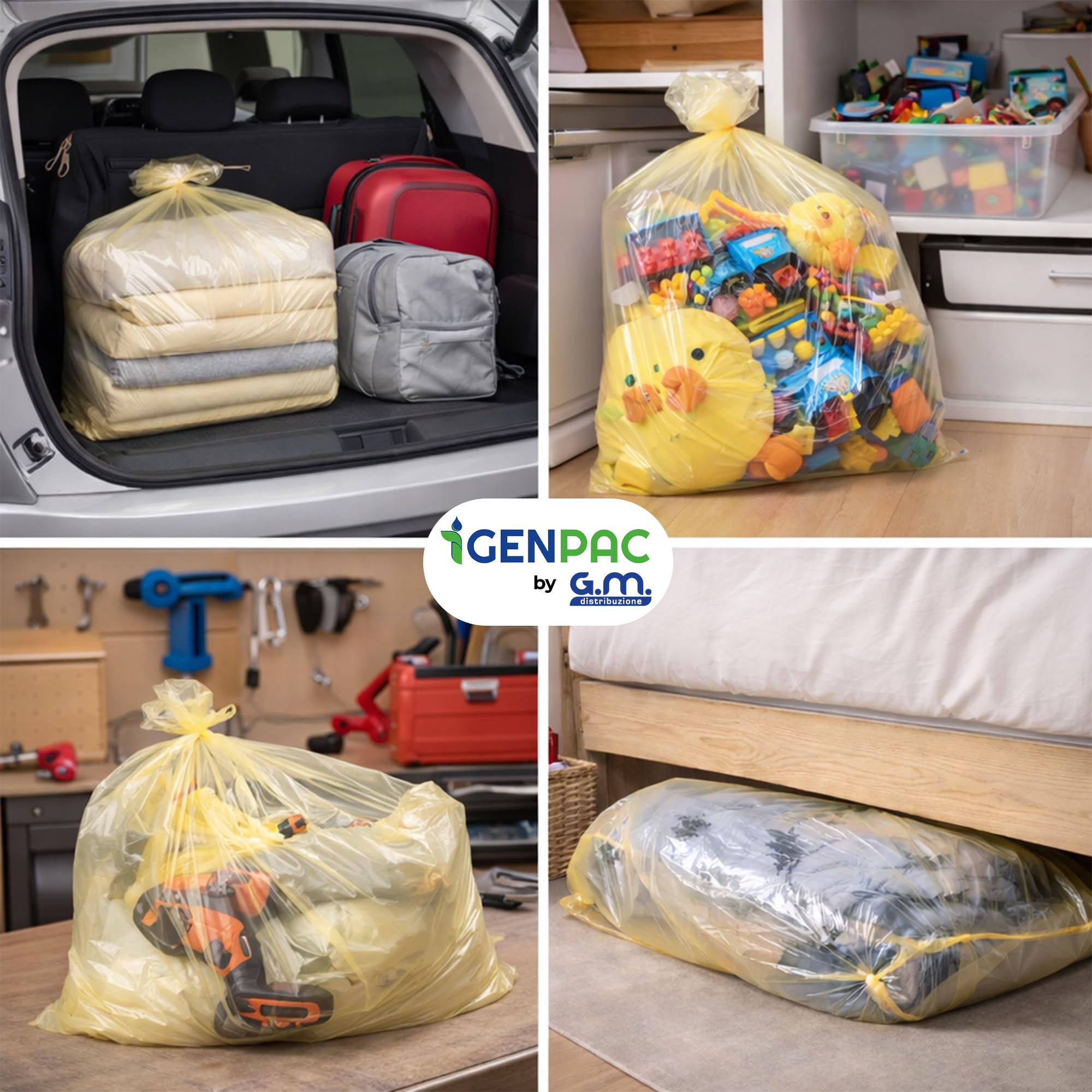 GM – 20 Sacchi Trasparenti in PE 120×130 cm Spessore 80 Micron, Buste Extra Capienti Resistenti per Conservazione Oggetti, Traslochi, Magazzino, Cantina e Garage, Bocca Aperta da Annodare