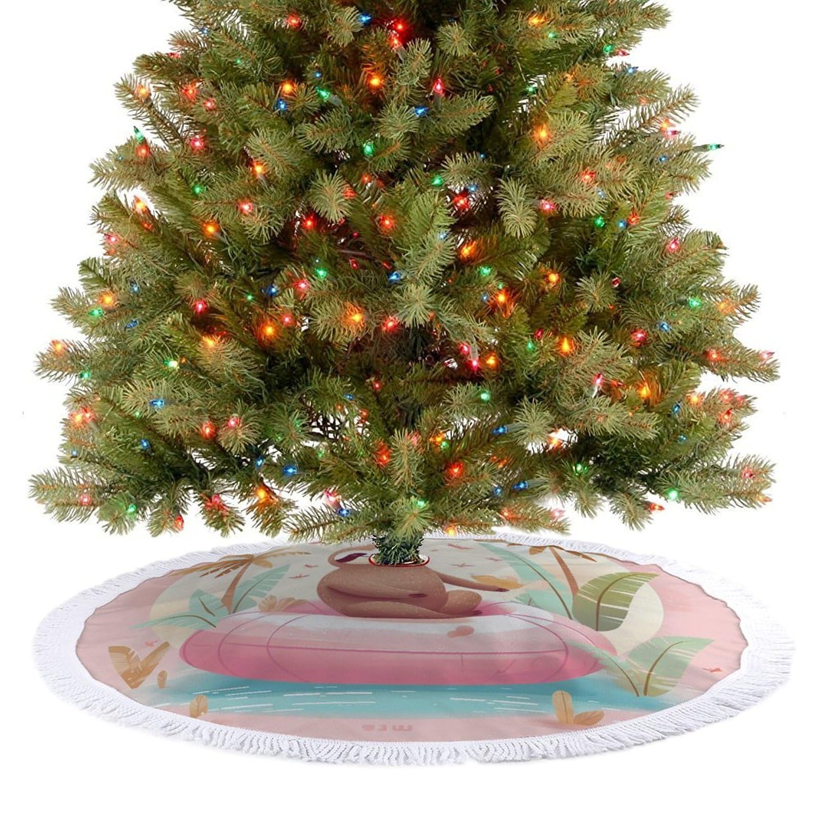 Sloth Flamingo Christmas Tree Skirt 48"x48" Rustic Xmas Tree Mat with Tassel Ornament Christmas Trees Cover Skirt Mat for Evergreen Trees Ornament Winter Holiday Mats Decorations