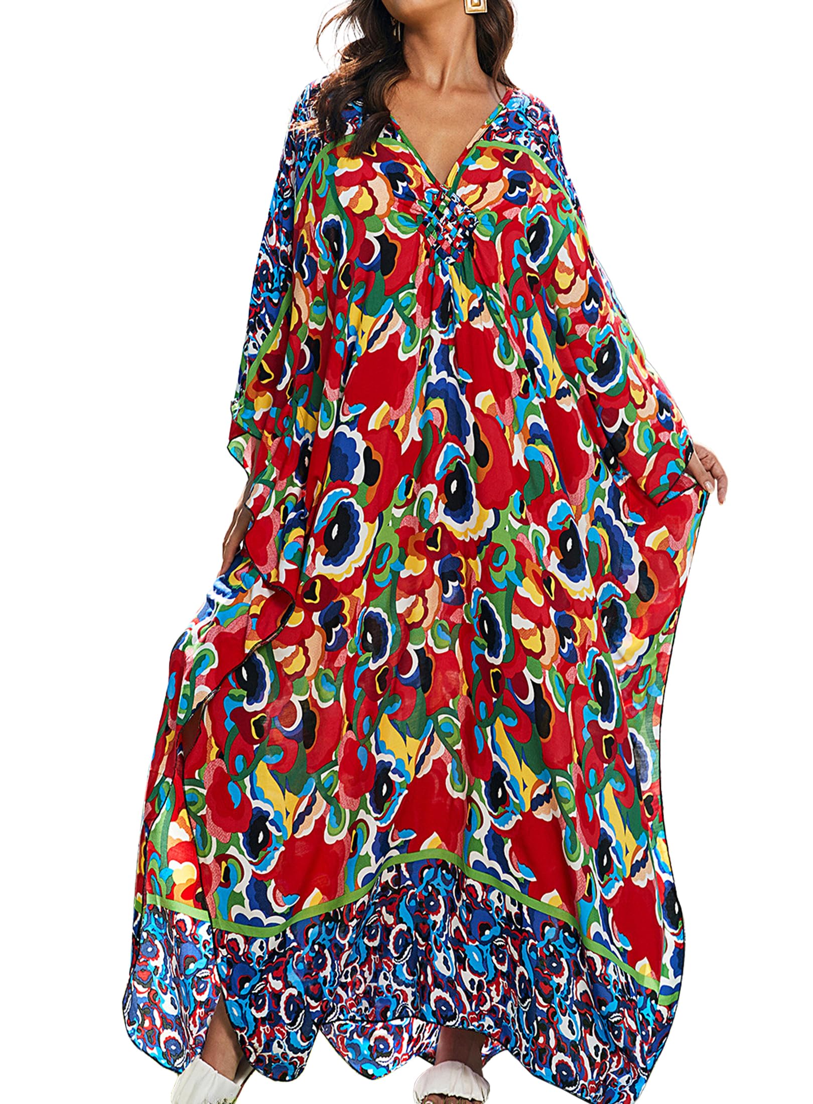 Women Kaftan Dresses Plus Size V-Neck Batwing Sleeves Beach Cover Up 2025 Summer Floral Print Caftan Dress