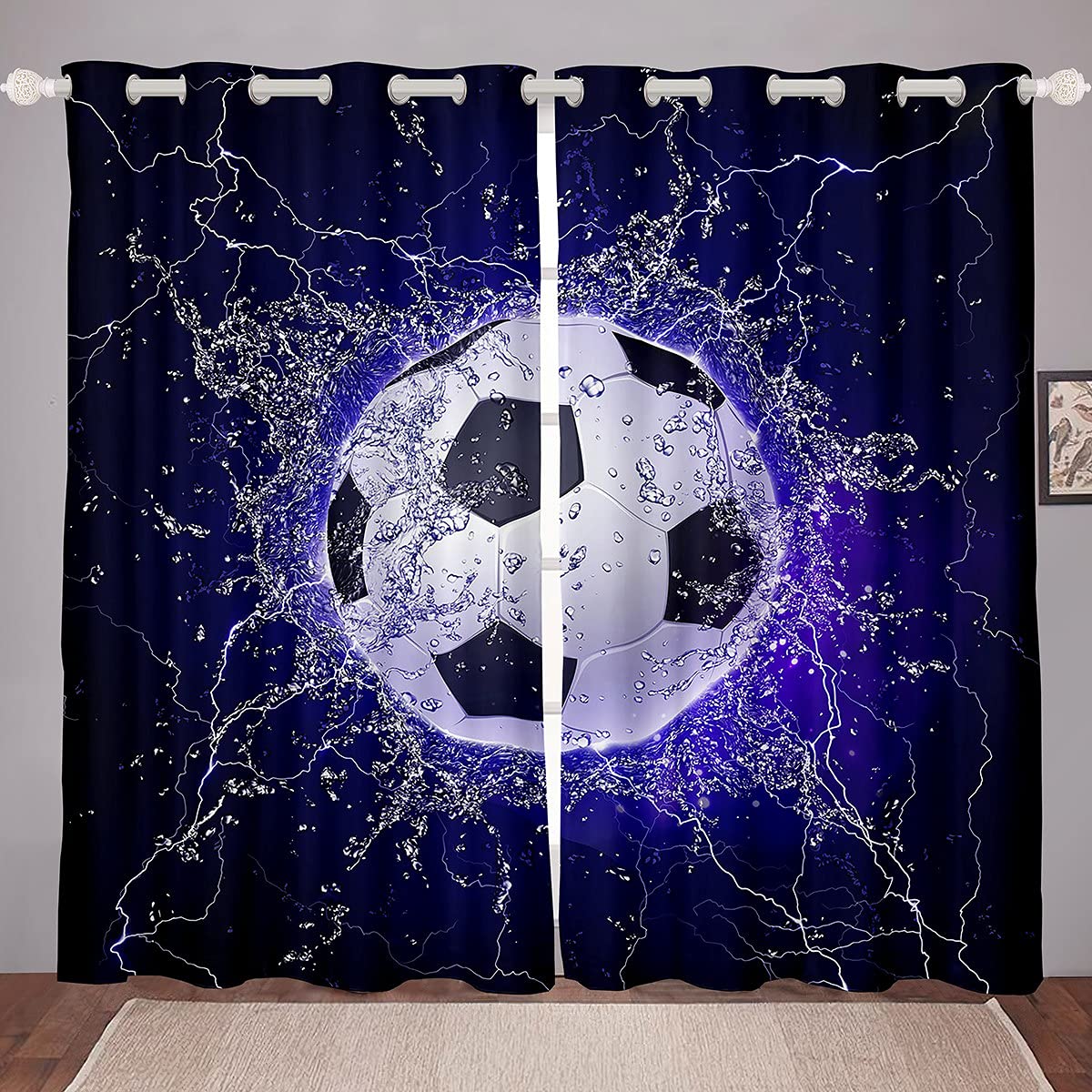 Loussiesd Boys Football Curtains Kids Teens Sports Window Drapes for Girls Youth Ice Lightning Soccer Ball Window Curtains for Bedroom Living Ball Games Window Treatments,W52*L90