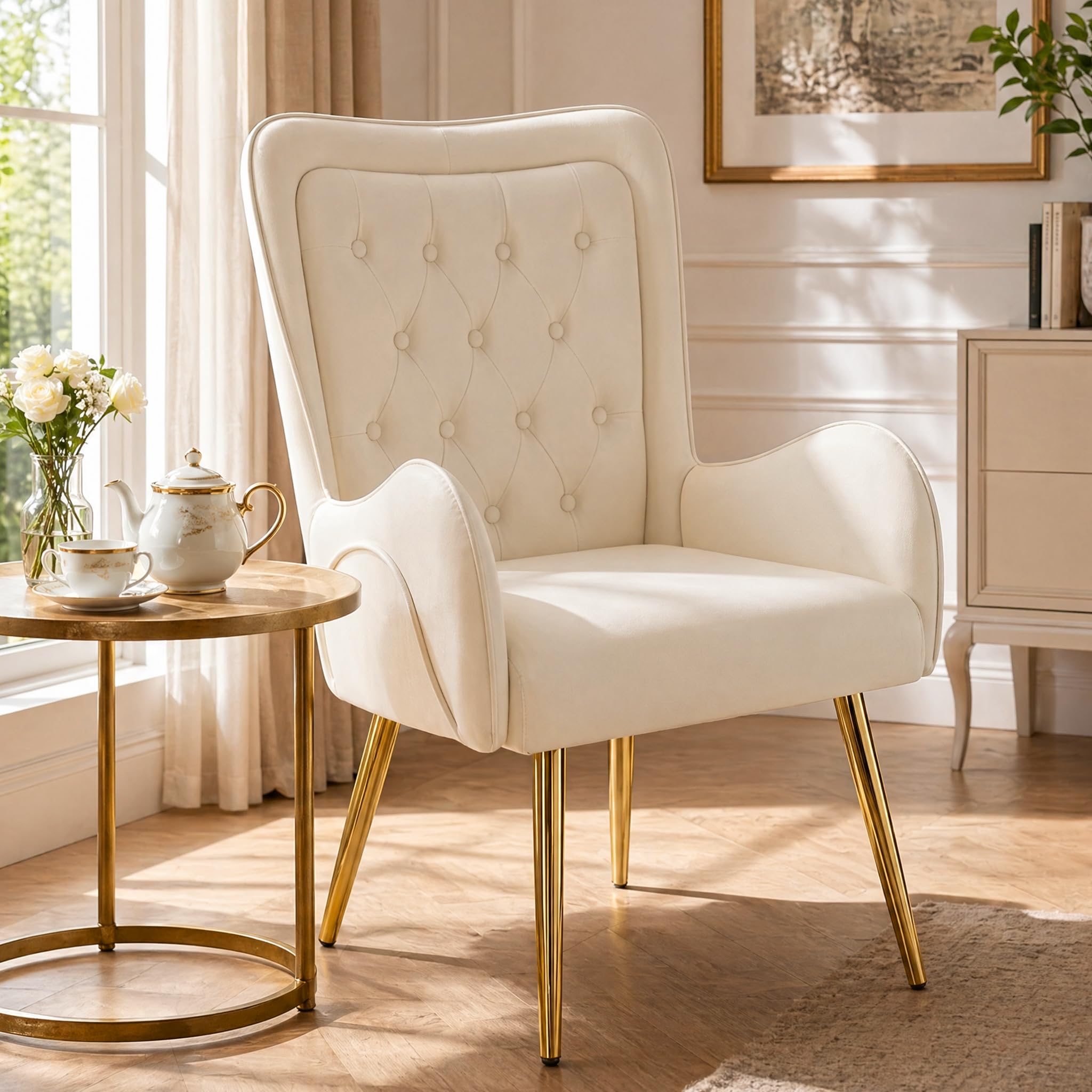 Hellove Fauteuil Salon Double Dossier Design Scandinave Luxe - Chaise Lounge Confortable Cuir, Structure Bois Massif, Pieds Métal Doré, Accoudoirs Radius pour Salon, Chambre, Beige