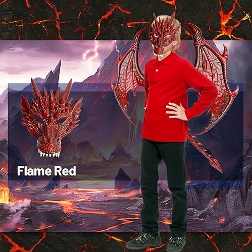 Miniatura 6 de IncreDecor Disfraz de dragón para niños, juego de máscara de cola de dinosaurio, máscara de disfraz de alas de dragón de Halloween para niños
