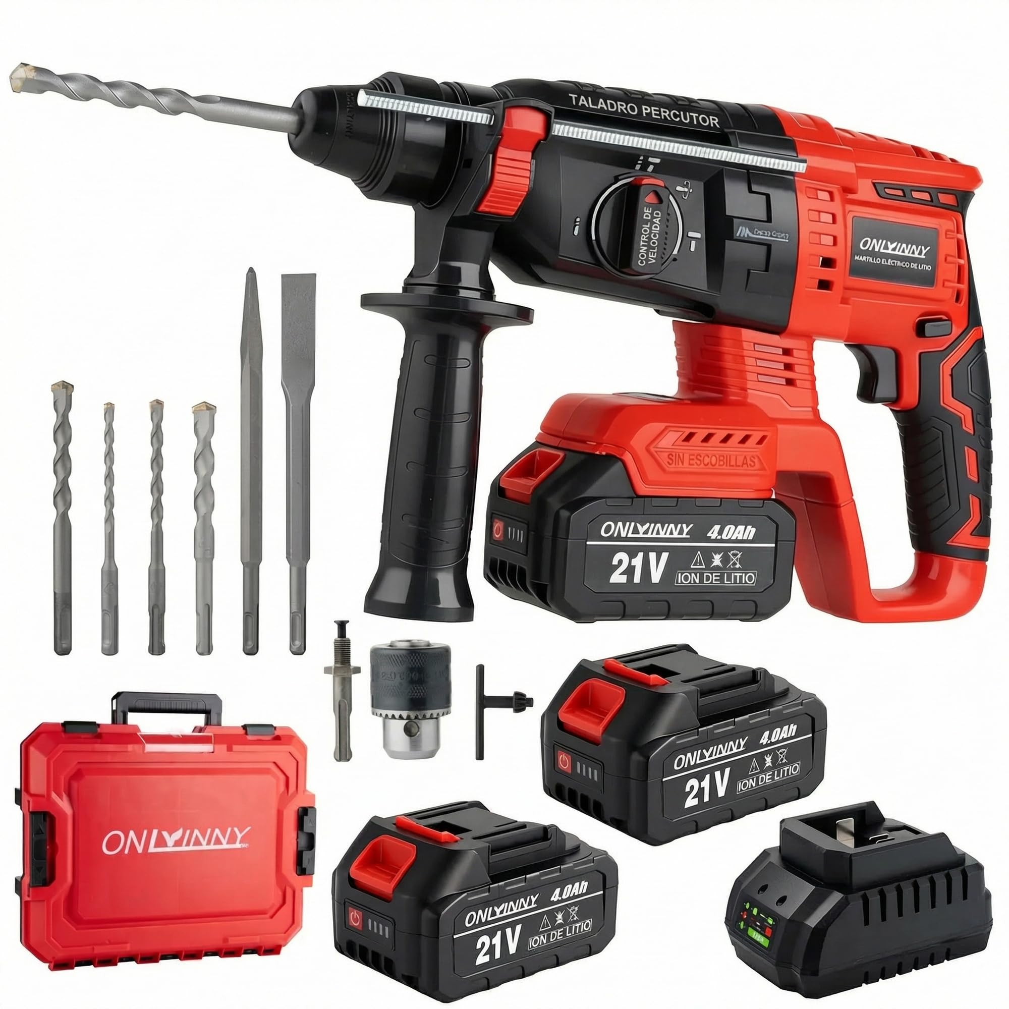 Martillo perforador SDS Plus, Motor sin escobillas, 3 en 1 (perforar/golpear/escariar), Compatible con batería Makita 18V, 2x Baterías 4.0Ah Cargador en maletín