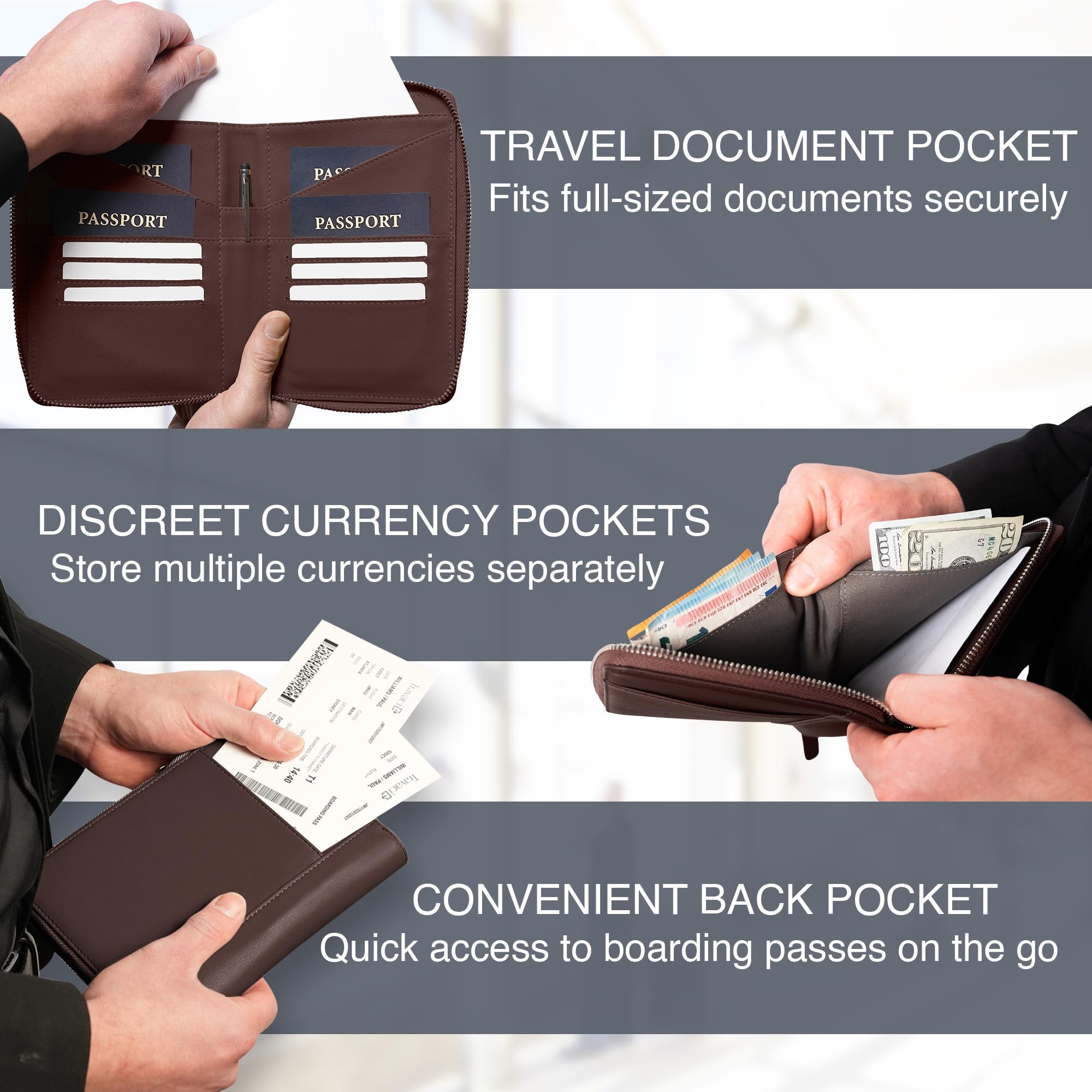Porta passaporto in pelle pieno fiore per 2-4 passaporti, porta passaporto RFID e organizer per documenti da viaggio, grande portafoglio da viaggio in pelle per coppie e famiglie, Marrone scuro, 7.5 x