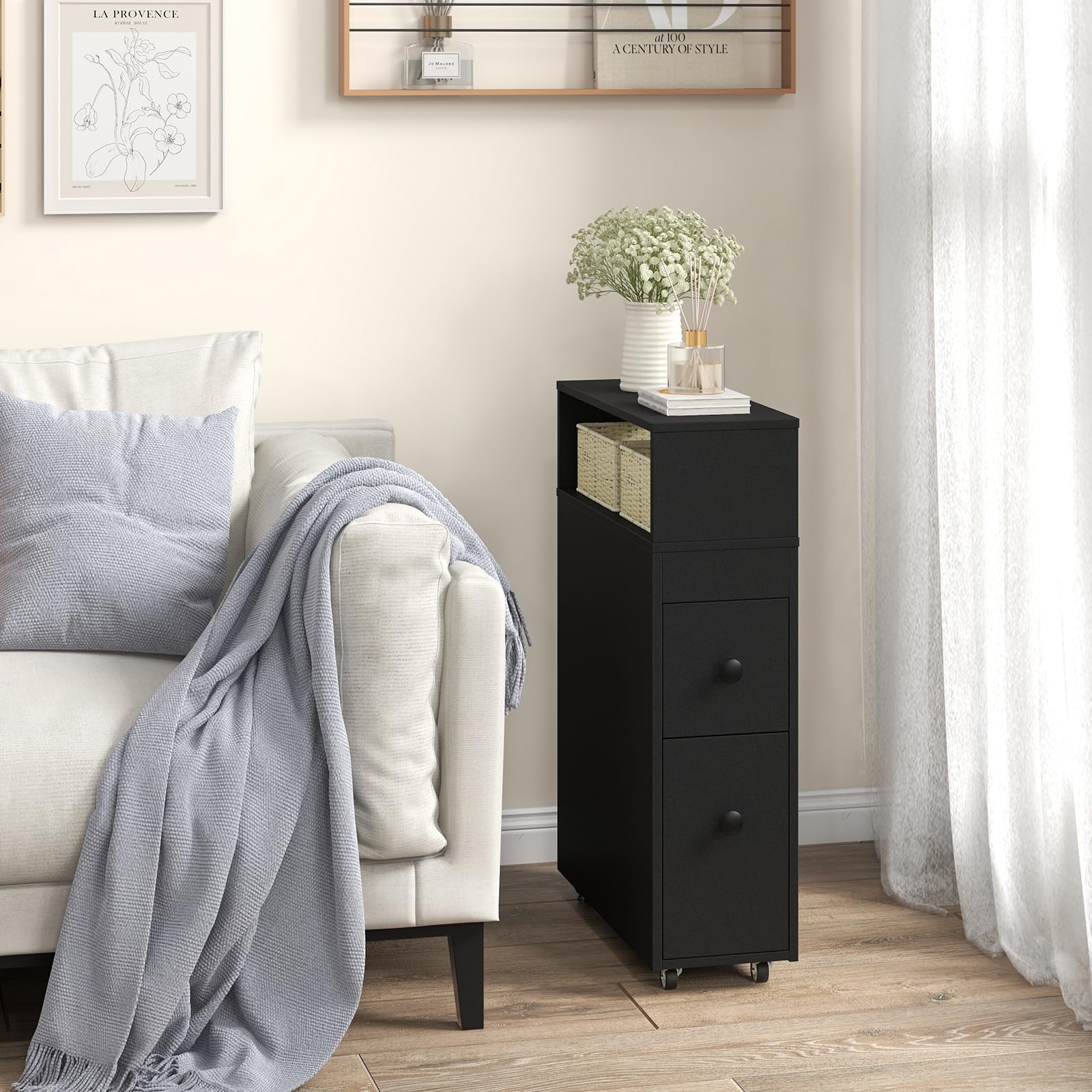COSTWAY Mobile Bagno 50 x 19 x 72 cm, Arredo Salvaspazio con 2 Cassetti, 2 Cesti in Rattan, Ruote e Ripiani, Armadietto Stretto per Spazi Ridotti, Salotto e Cucina (Nero)