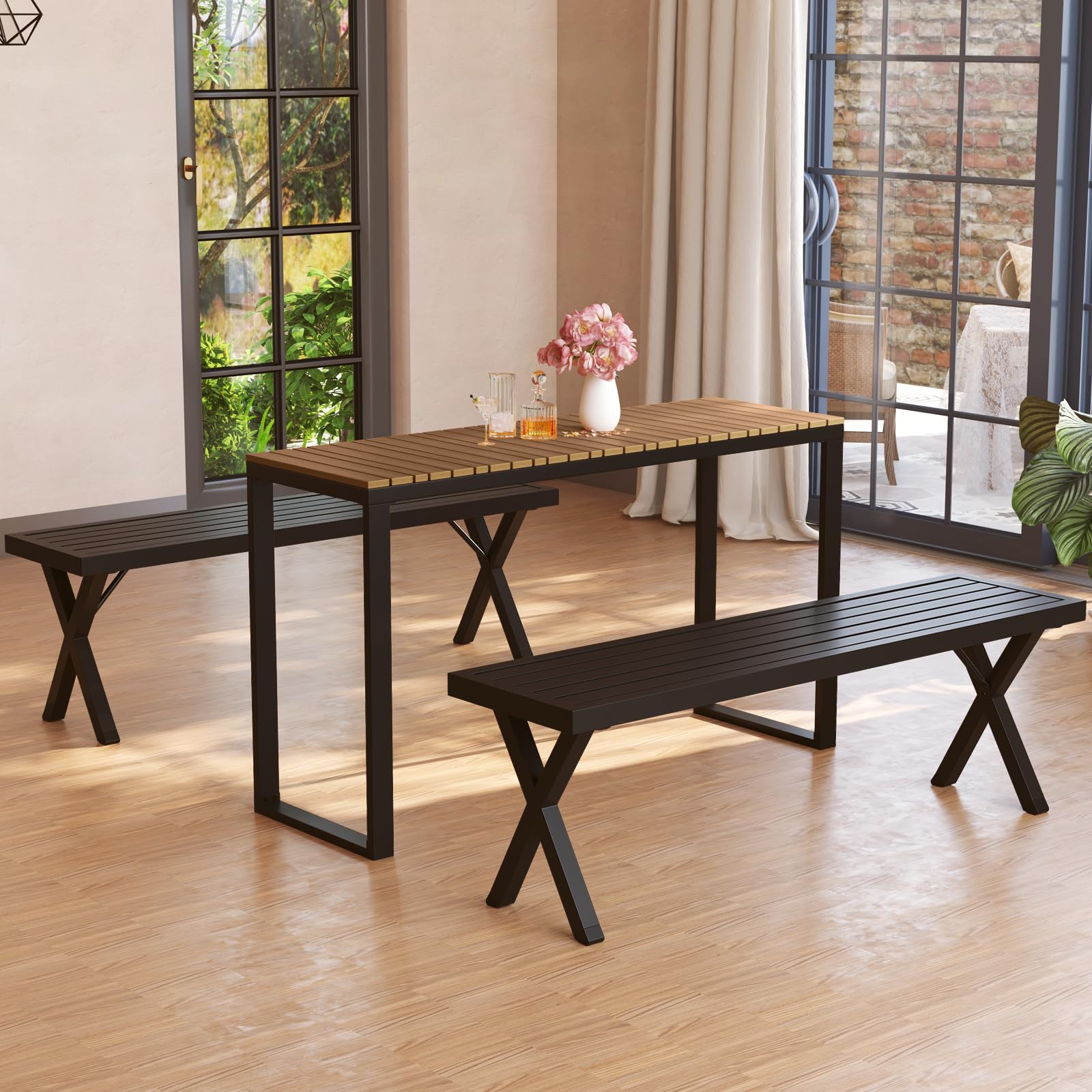 GOPLUS Table Bar Exterieur, Table Haut Extérieur, Console Jardin Exterieur Structure Résistante en Métal, Plateau à Lattes Empêchant l'Accumulation d'eau, Cour et Terrasse, Charge 60KG, 129x42x75CM