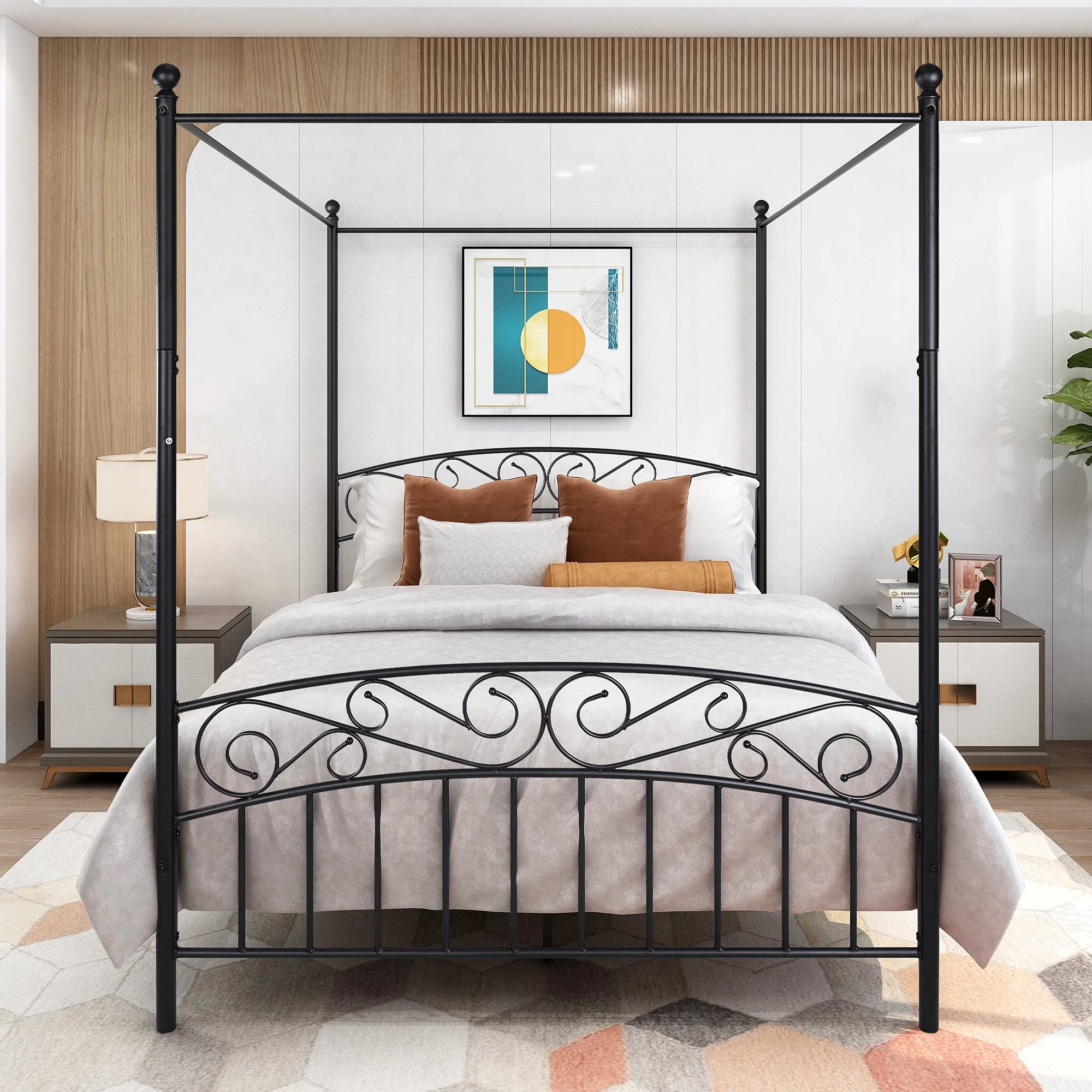 SOFTSEA Queen Size Canopy Bed with Vintage Design Headboard and Footboard, Rustic Metal Four Poster Platform Bed Frame with Storage for Adult, Metal