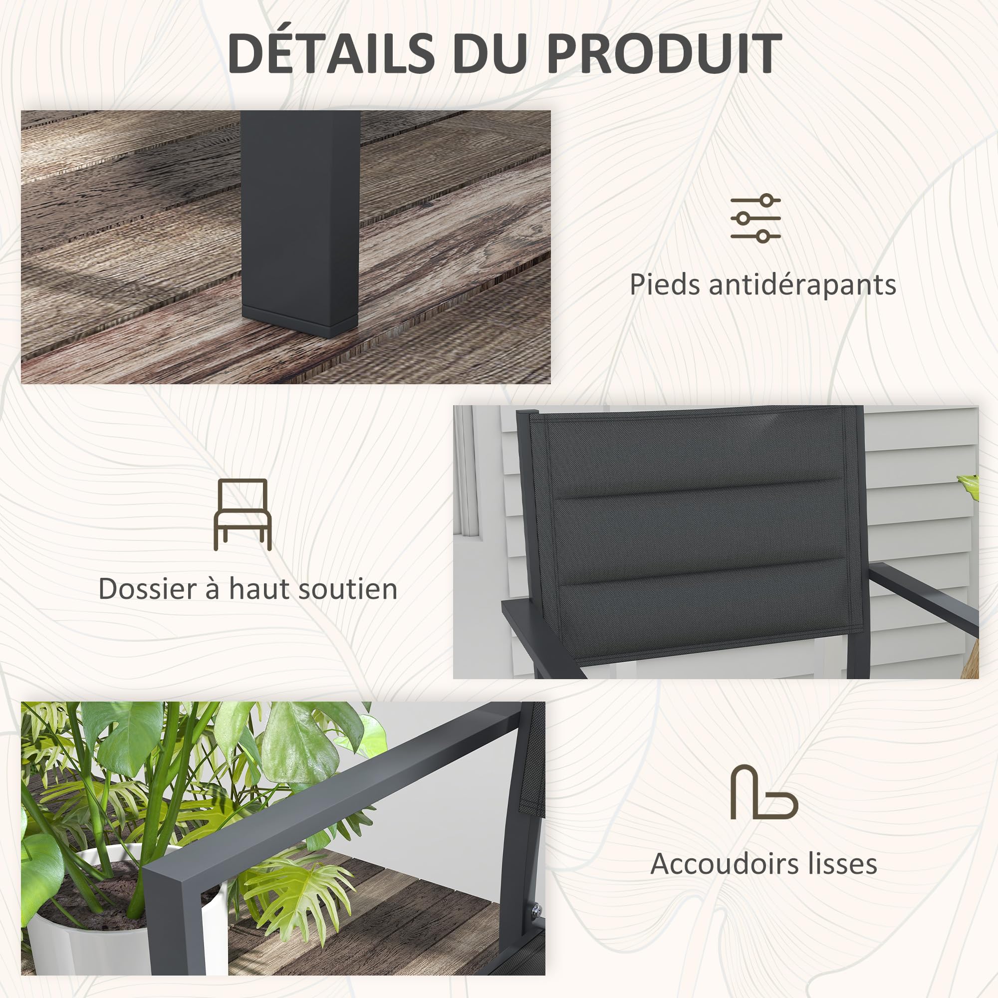 Outsunny Ensemble de 4 Chaises de Jardin Empilables avec Accoudoirs Gris